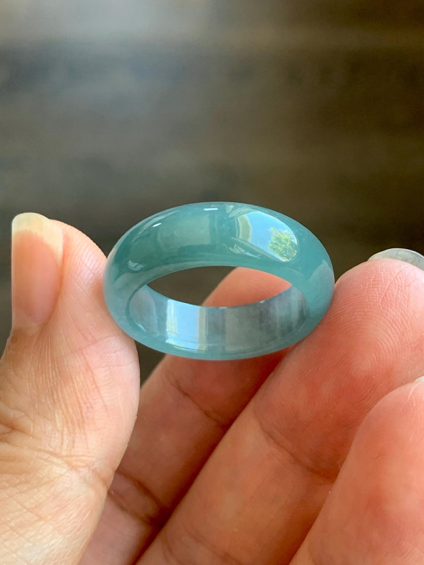 Natural Grade A Guatemalan Icy Translucent Dusty Teal Blue Jade Jadeite Wide Band Ring Size 9 US 天然冰危蓝绿翡翠戒圈 KWJ55A