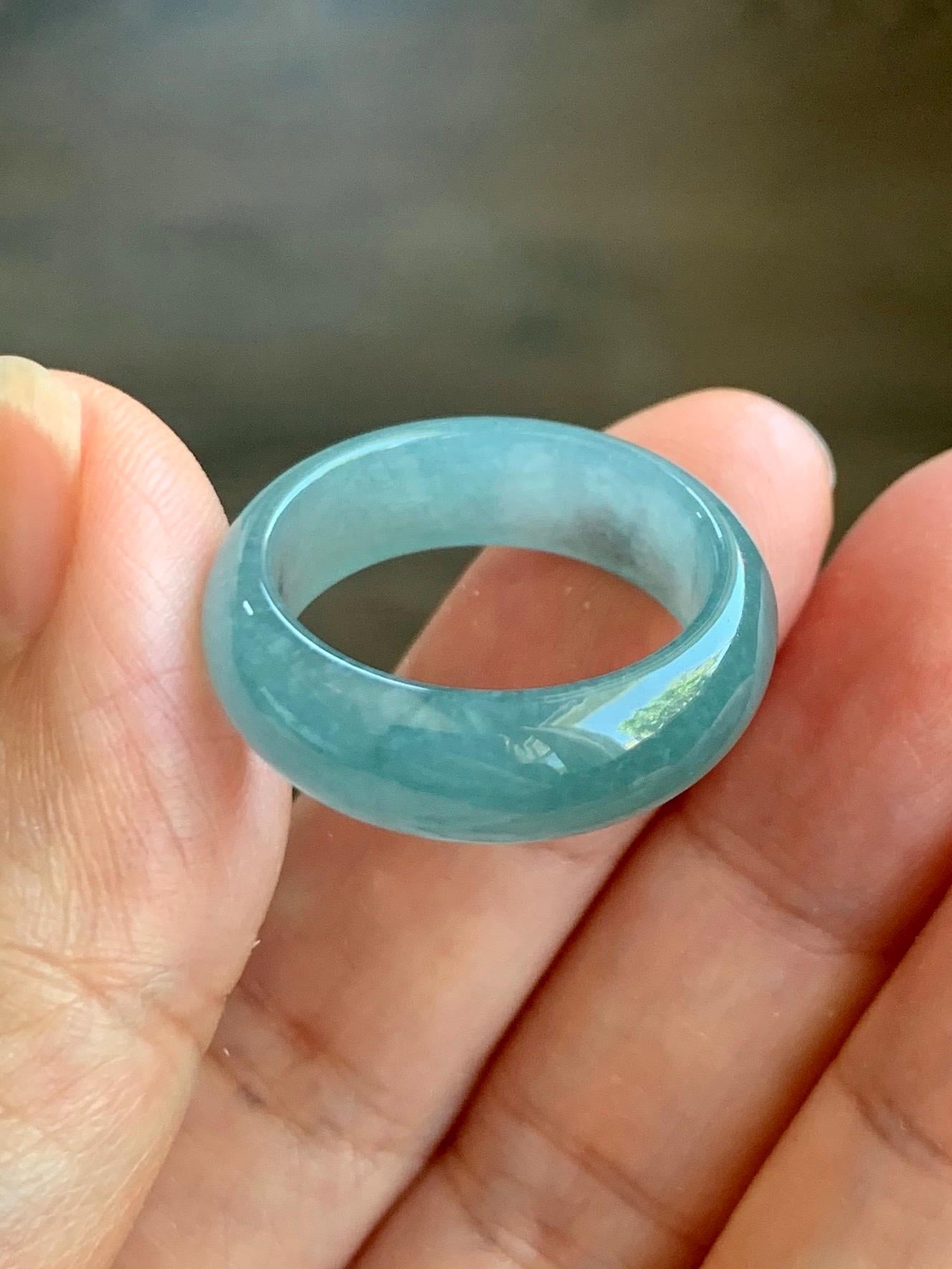 Natural Grade A Guatemalan Icy Translucent Dusty Teal Blue Jade Jadeite Wide Band Ring Size 9 US 天然冰危蓝绿翡翠戒圈 KWJ55A