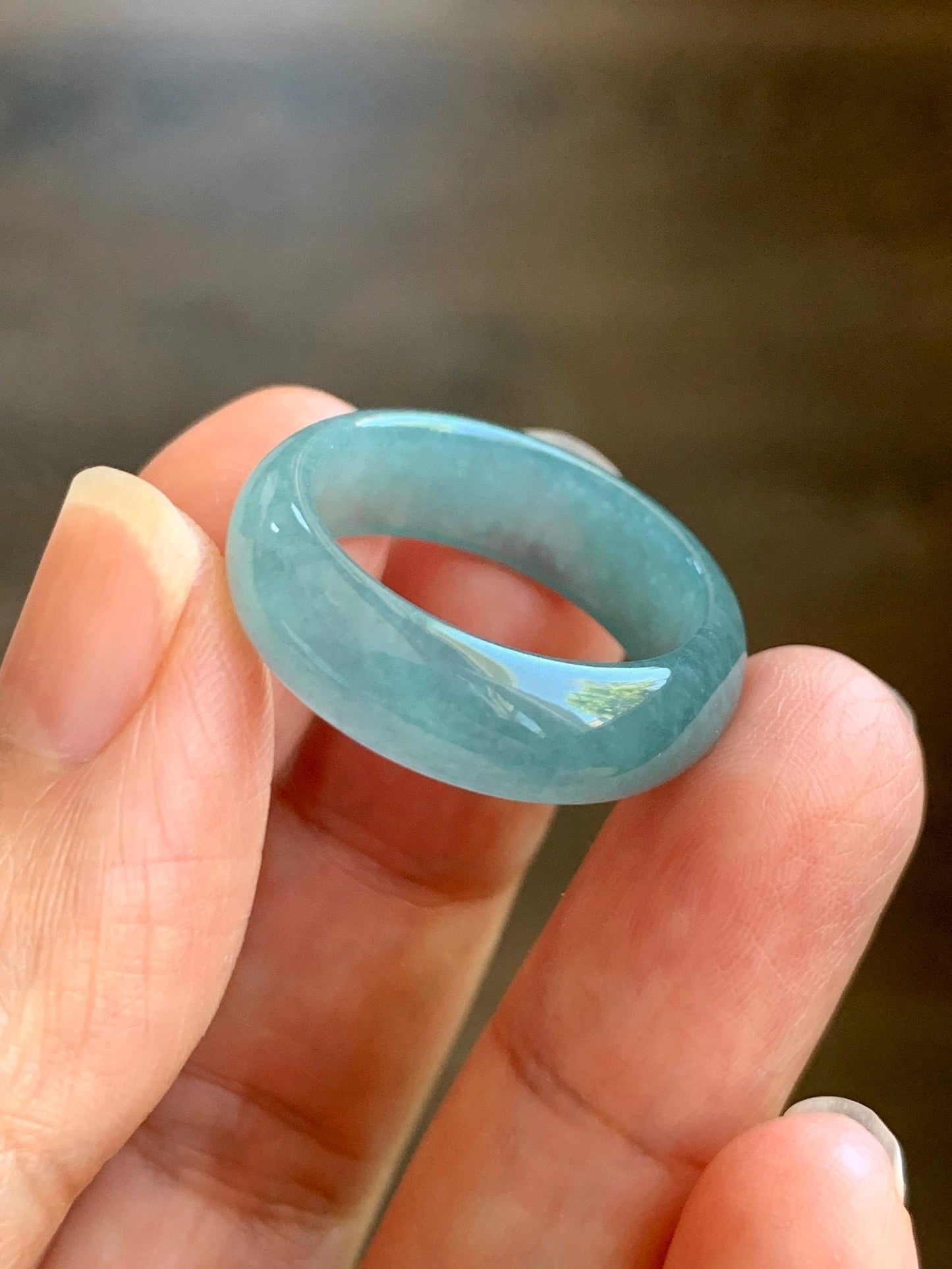 Natural Grade A Guatemalan Icy Translucent Dusty Teal Blue Jade Jadeite Wide Band Ring Size 9 US 天然冰危蓝绿翡翠戒圈 KWJ55A