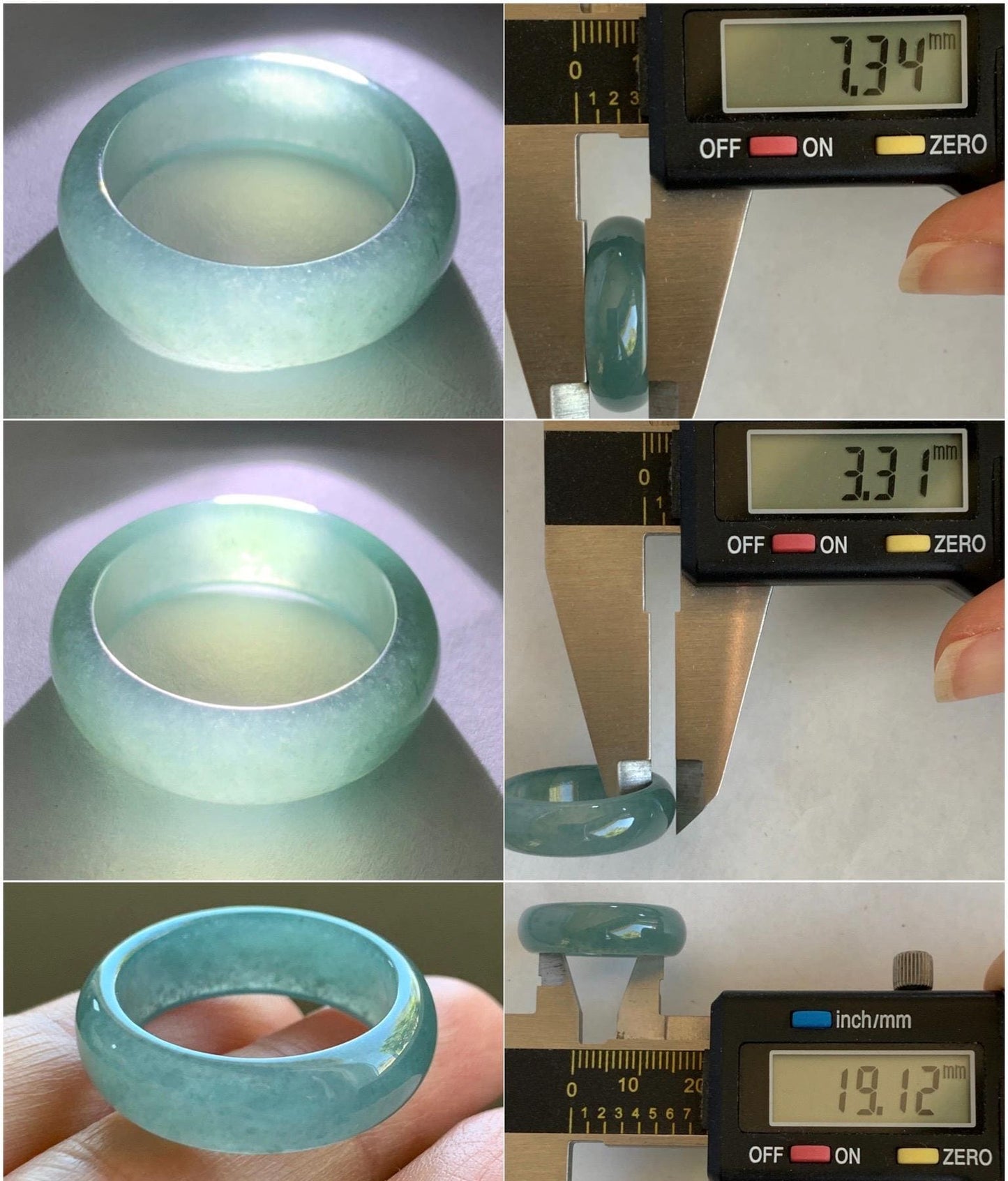Natural Grade A Guatemalan Icy Translucent Dusty Teal Blue Jade Jadeite Wide Band Ring Size 9 US 天然冰危蓝绿翡翠戒圈 KWJ55A