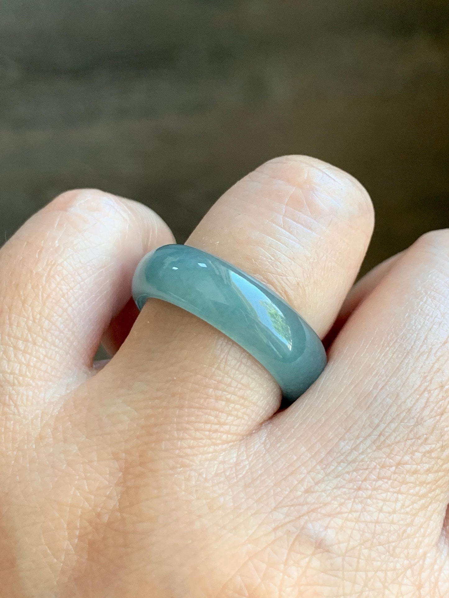 Natural Grade A Guatemalan Icy Translucent Dusty Teal Blue Jade Jadeite Wide Band Ring Size 9 US 天然冰危蓝绿翡翠戒圈 KWJ55A