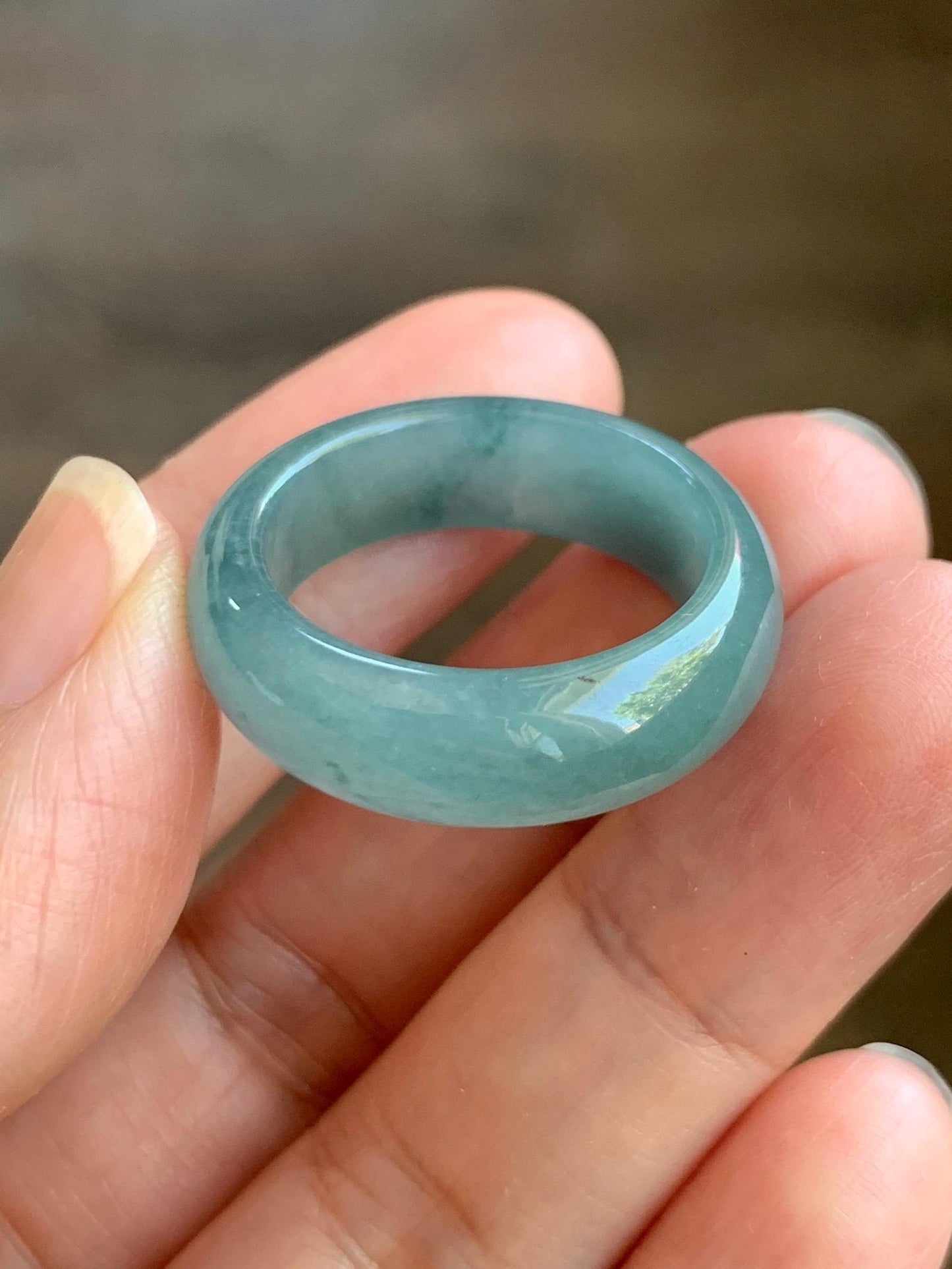 Natural Grade A Guatemalan Icy Translucent Dusty Teal Blue Jade Jadeite Wide Band Ring Size 10.25 US 天然冰危蓝绿翡翠戒圈 KWJ55C