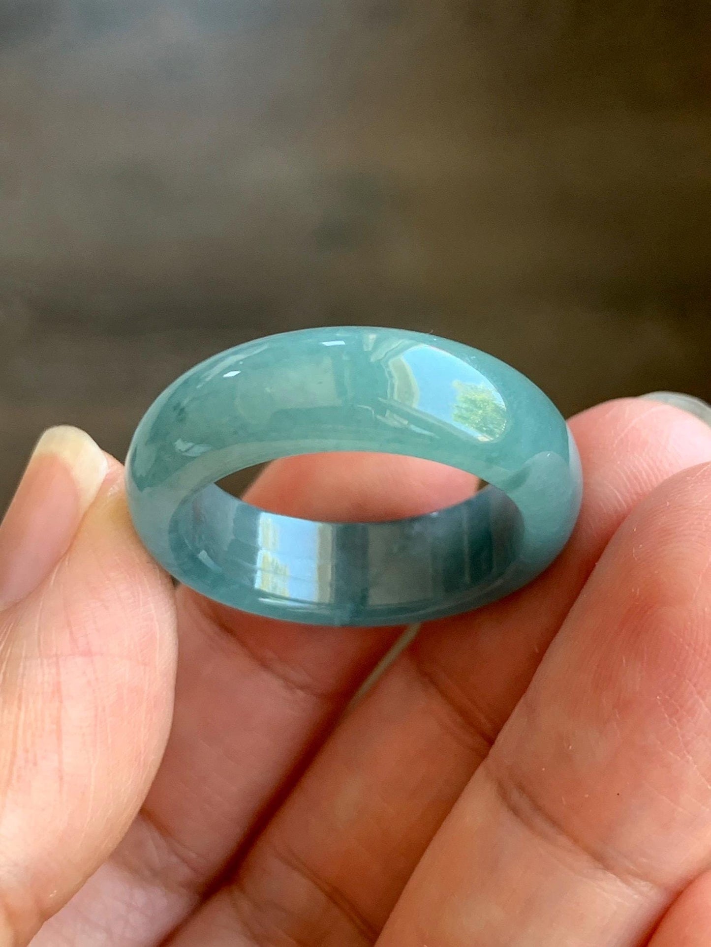 Natural Grade A Guatemalan Icy Translucent Dusty Teal Blue Jade Jadeite Wide Band Ring Size 10.25 US 天然冰危蓝绿翡翠戒圈 KWJ55C