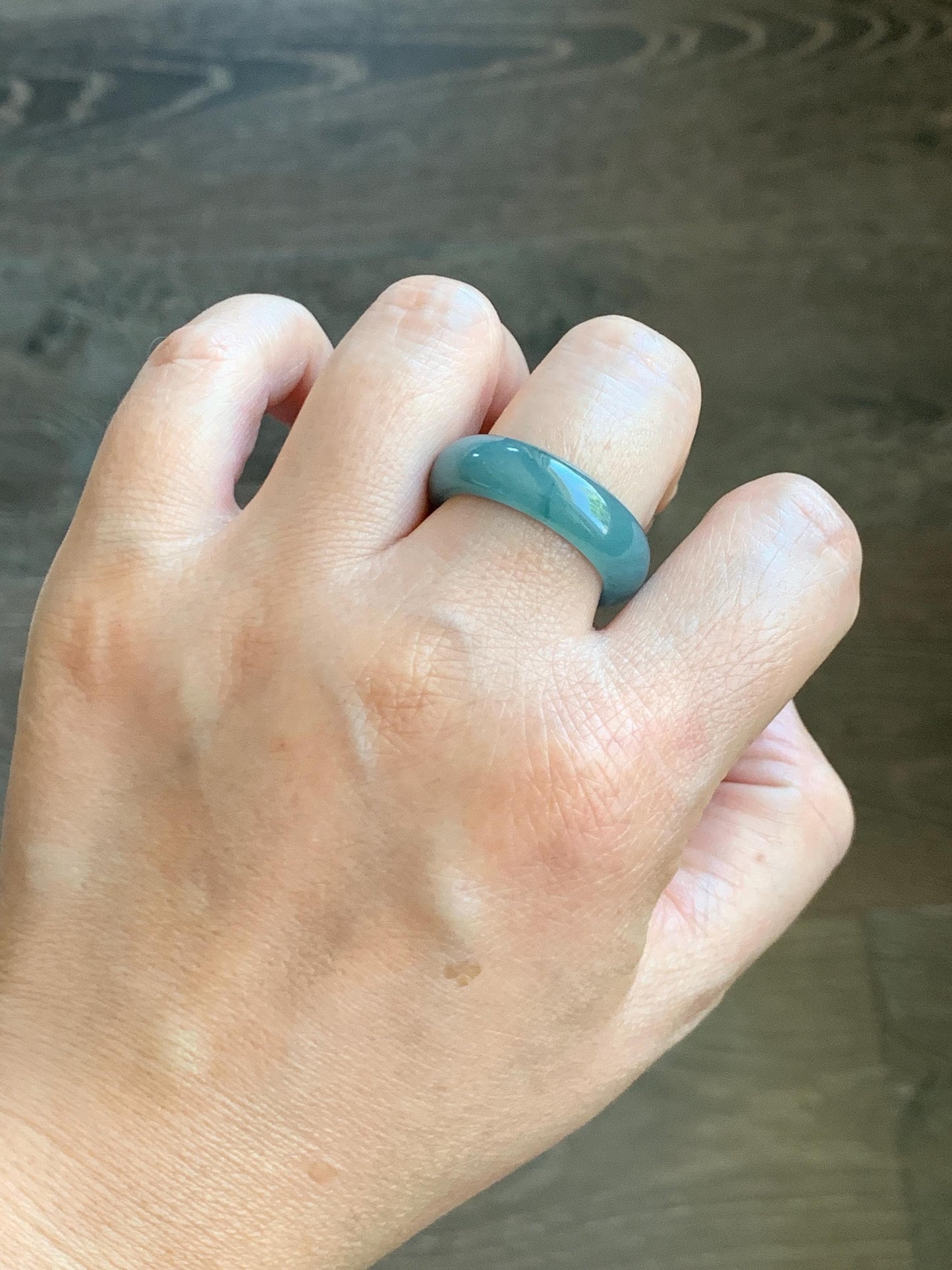 Natural Grade A Guatemalan Icy Translucent Dusty Teal Blue Jade Jadeite Wide Band Ring Size 10.25 US 天然冰危蓝绿翡翠戒圈 KWJ55C