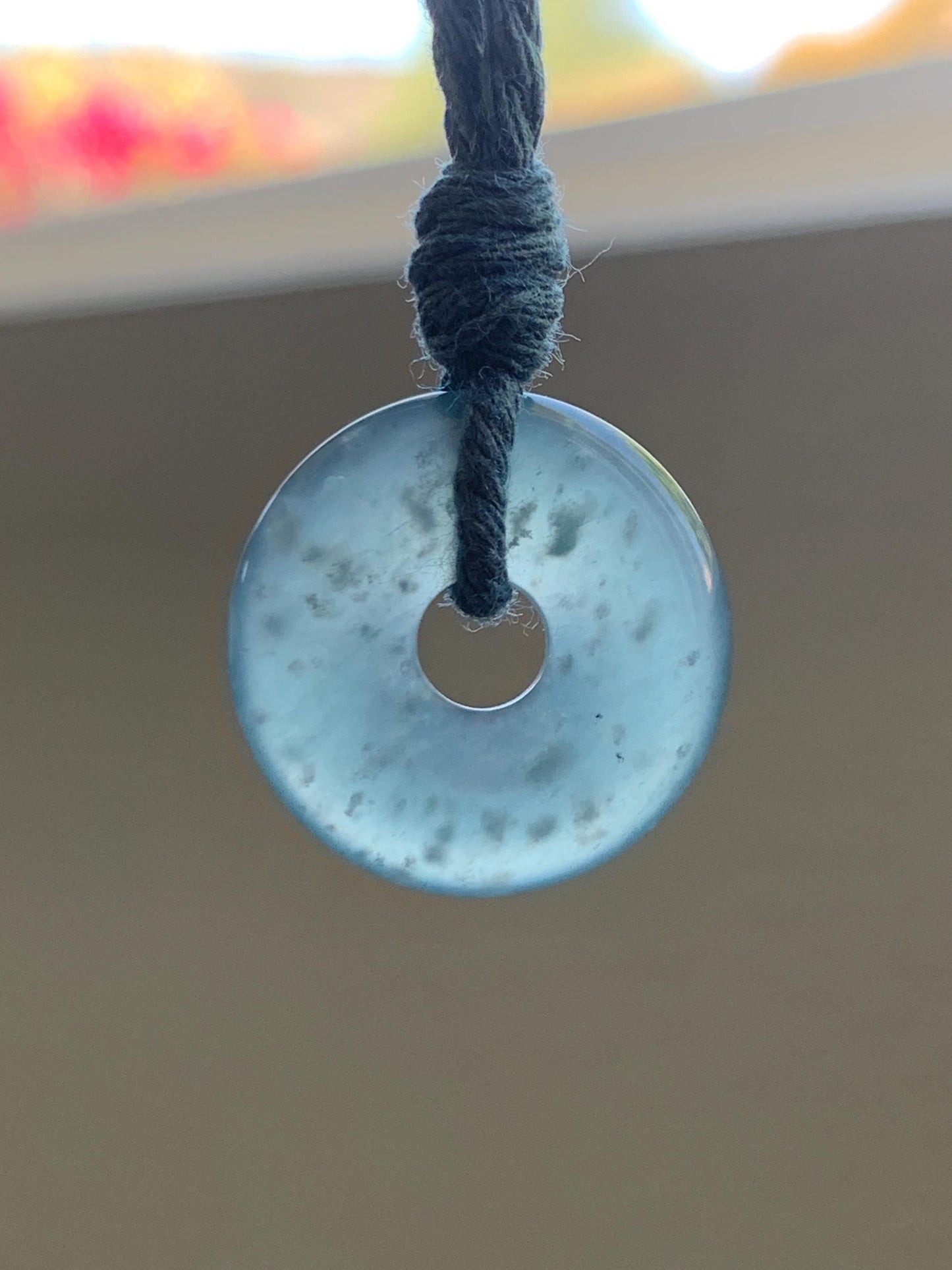 Natural Grade A Guatemalan Icy Translucent Teal Blue Jade Jadeite Ping An Kou Donut Petite Pendant Rope Necklace 25” 天然冰危浅蓝翡翠平安扣吊坠 WXK55N
