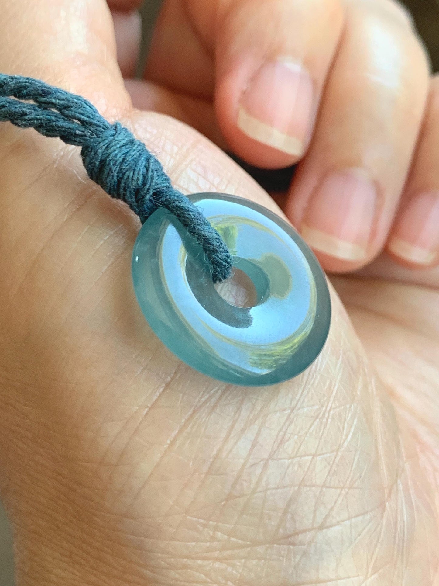 Natural Grade A Guatemalan Icy Translucent Teal Blue Jade Jadeite Ping An Kou Donut Petite Pendant Rope Necklace 25” 天然冰危浅蓝翡翠平安扣吊坠 WXK55N