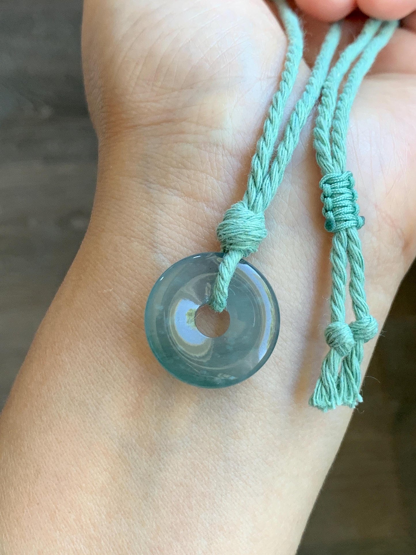Natural Grade A Guatemalan Icy Translucent Teal Blue Jade Jadeite Ping An Kou Donut Petite Pendant Rope Necklace 25” 天然冰危蓝翡翠平安扣吊坠 WXK55L