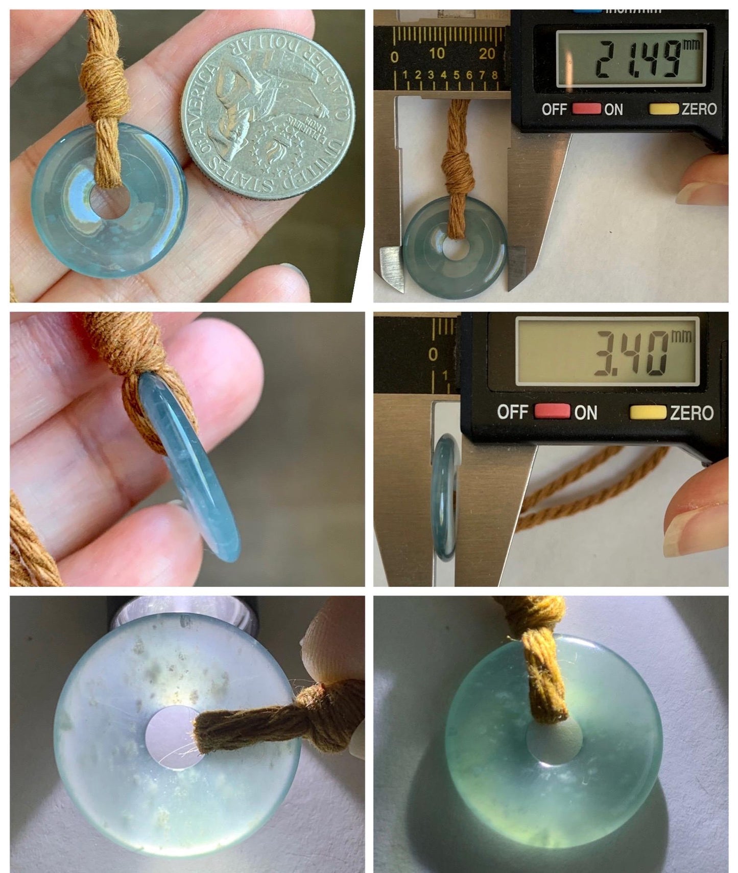 Natural Grade A Guatemalan Icy Translucent Teal Blue Jade Jadeite Ping An Kou Donut Petite Pendant Rope Necklace 25” 天然冰危蓝翡翠平安扣吊坠 WXK55A