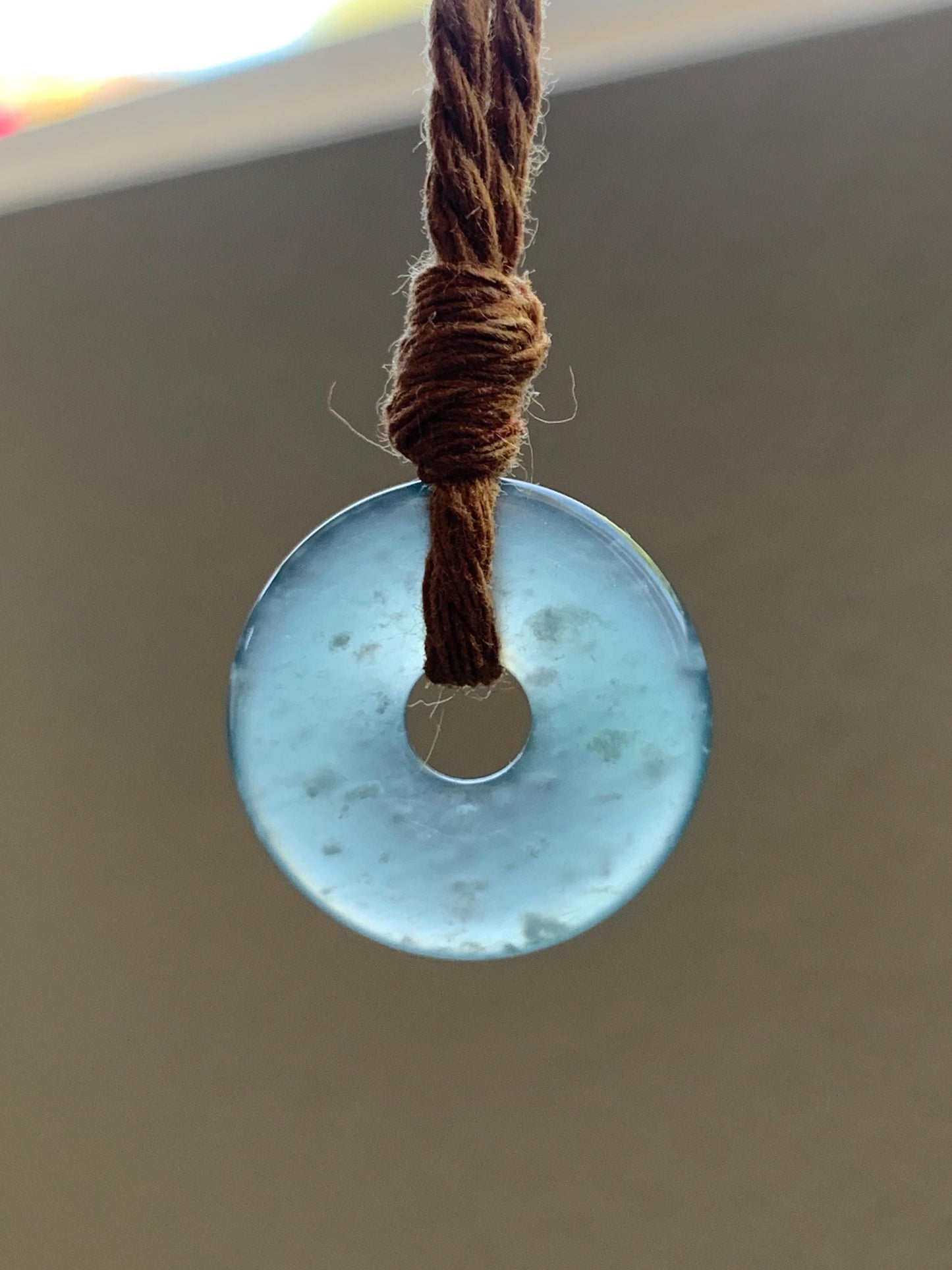 Natural Grade A Guatemalan Icy Translucent Teal Blue Jade Jadeite Ping An Kou Donut Petite Pendant Rope Necklace 25” 天然冰危蓝翡翠平安扣吊坠 WXK55A
