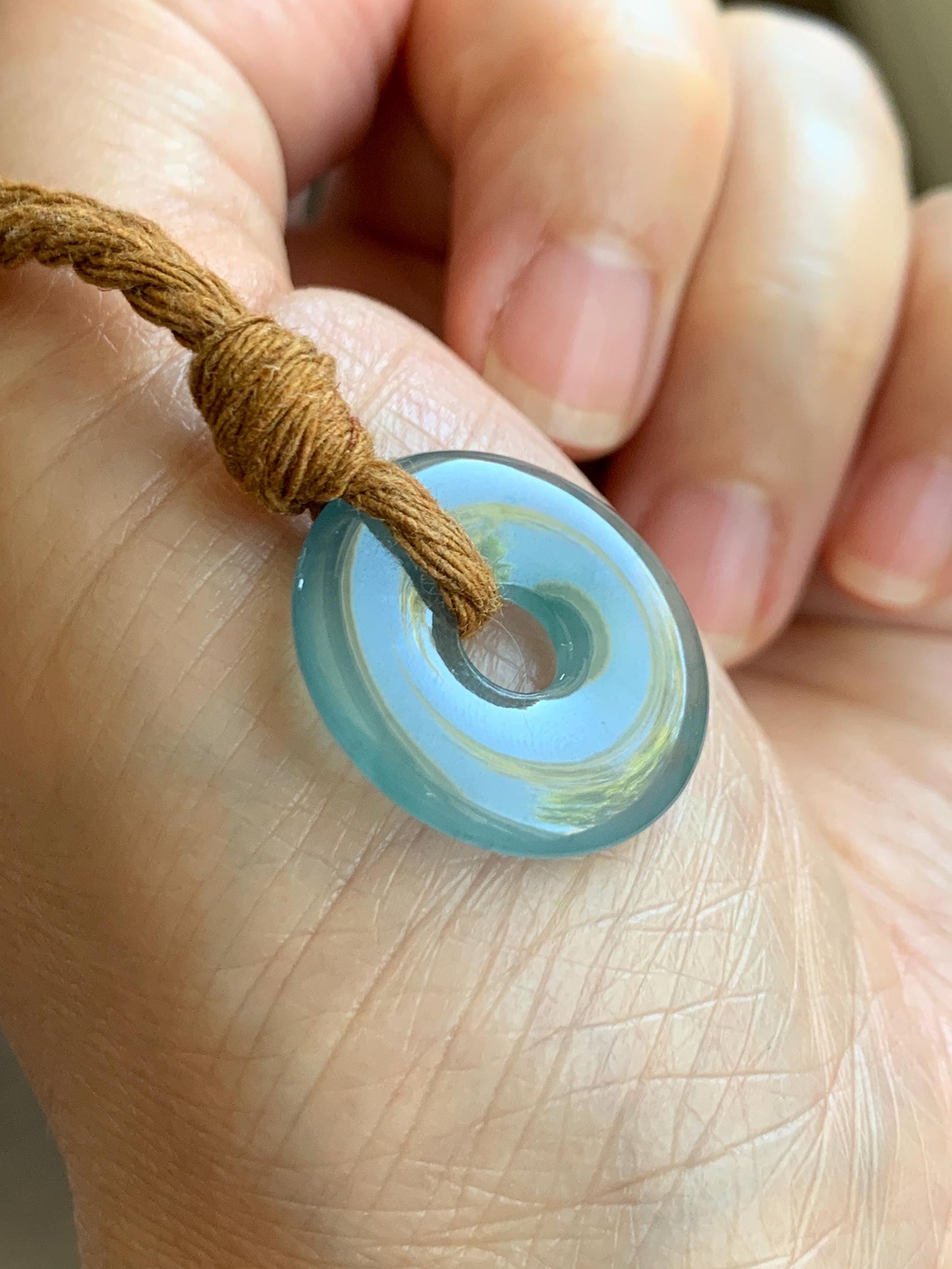 Natural Grade A Guatemalan Icy Translucent Teal Blue Jade Jadeite Ping An Kou Donut Petite Pendant Rope Necklace 25” 天然冰危蓝翡翠平安扣吊坠 WXK55A