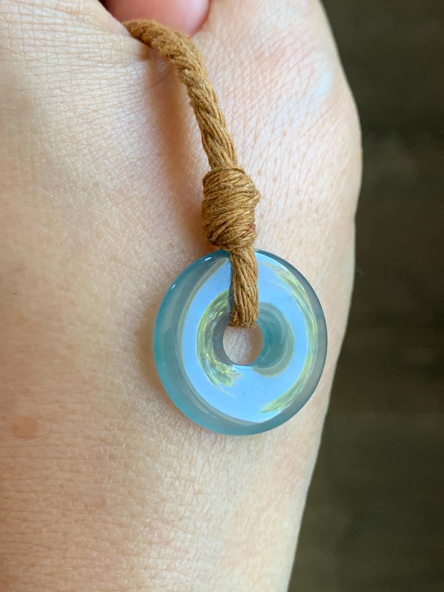 Natural Grade A Guatemalan Icy Translucent Teal Blue Jade Jadeite Ping An Kou Donut Petite Pendant Rope Necklace 25” 天然冰危蓝翡翠平安扣吊坠 WXK55A