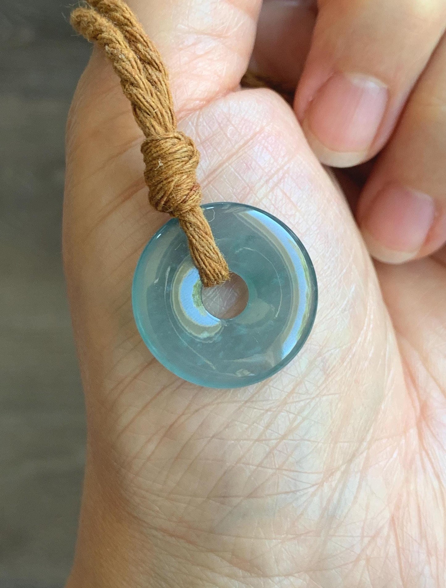 Natural Grade A Guatemalan Icy Translucent Teal Blue Jade Jadeite Ping An Kou Donut Petite Pendant Rope Necklace 25” 天然冰危蓝翡翠平安扣吊坠 WXK55A
