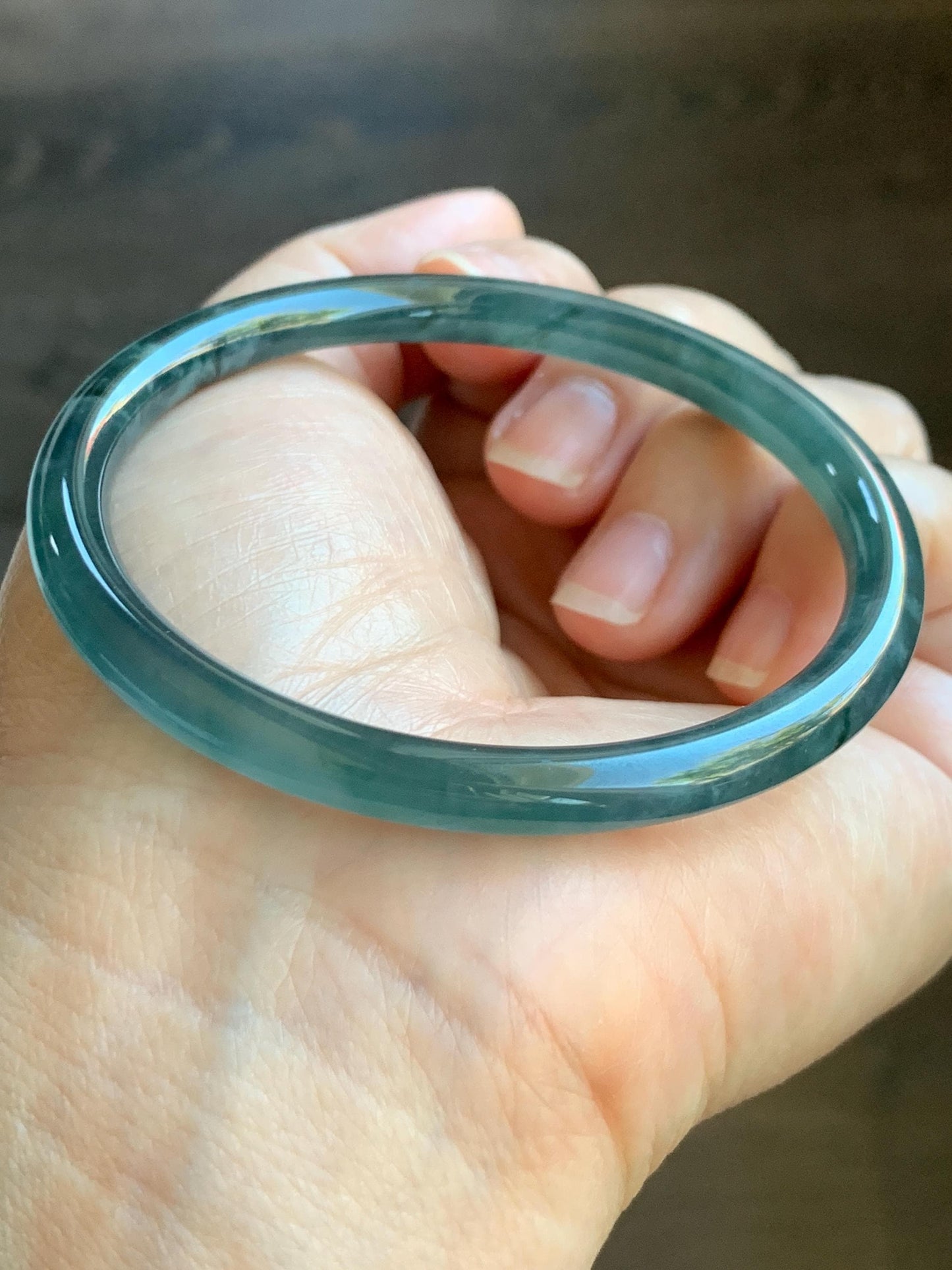 Certified Natural Grade A Guatemalan Icy Highly Translucent Dark Teal Blue Marbled Jade Jadeite Bangle 58.36mm 7.2” 天然冰胶危深蓝飘花翡翠圆条手镯 8799