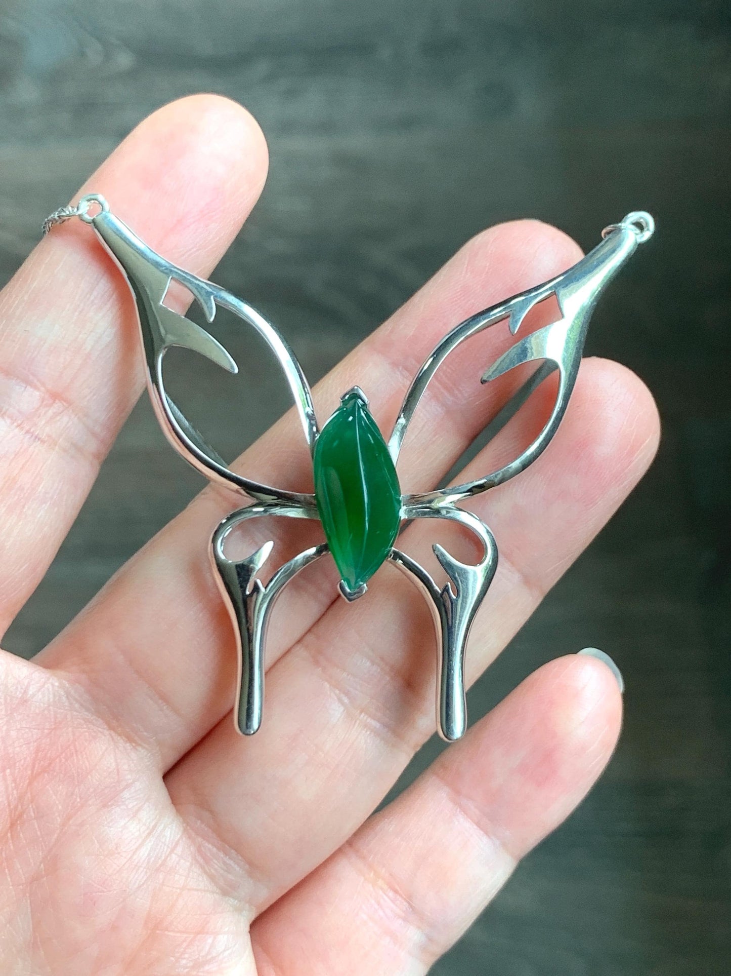 Certified Natural Grade A Guatemalan Icy Translucent Green Jade Jadeite Butterfly Pendant Necklace Sterling Silver 22” 天然冰危绿翡翠蝴蝶镶嵌项链 9458