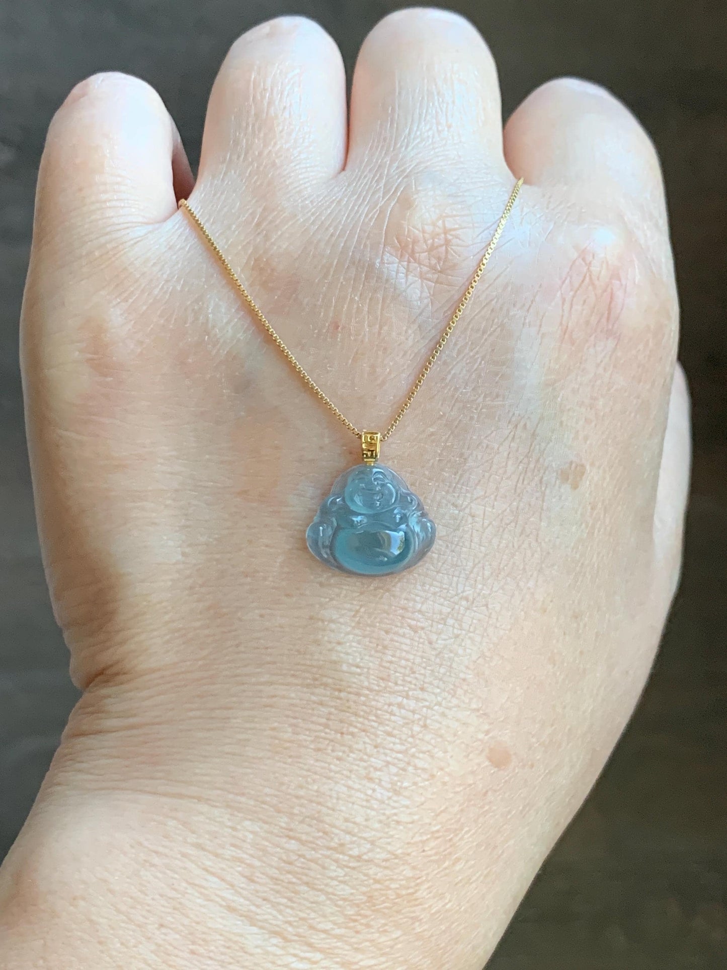 Natural Grade A Guatemalan Icy Highly Translucent Teal Blue Jade Jadeite Buddha Petite Pendant 18K Yellow Gold 天然冰危蓝翡翠小佛公镶嵌吊坠 XWF115