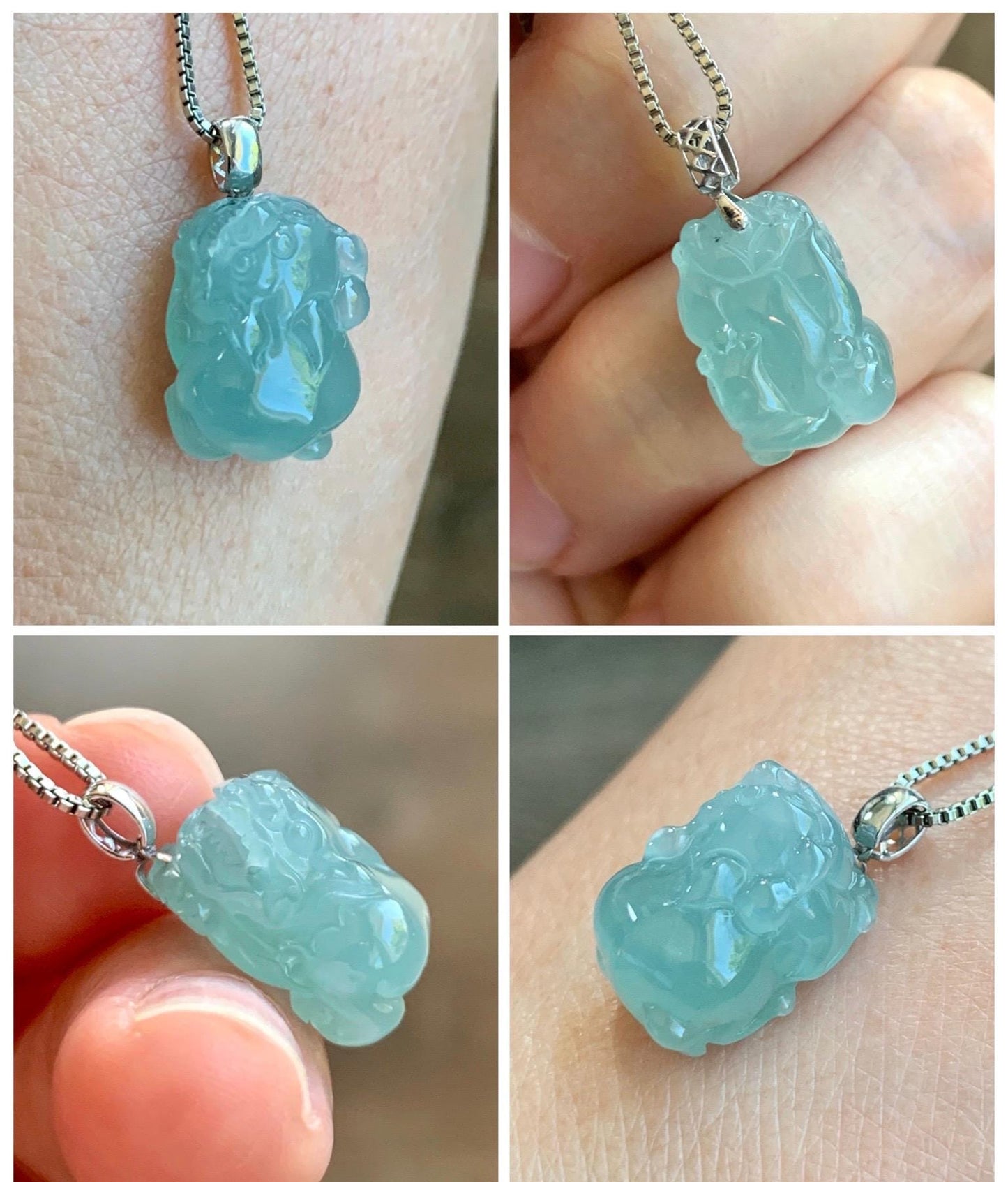 Natural Grade A Guatemalan Icy highly Translucent Gelatinous Teal Blue Jadeite Pudgy Pixiu Pendant 18K White Gold 天然老种冰危蓝起胶翡翠小貔貅吊坠 JGP160B