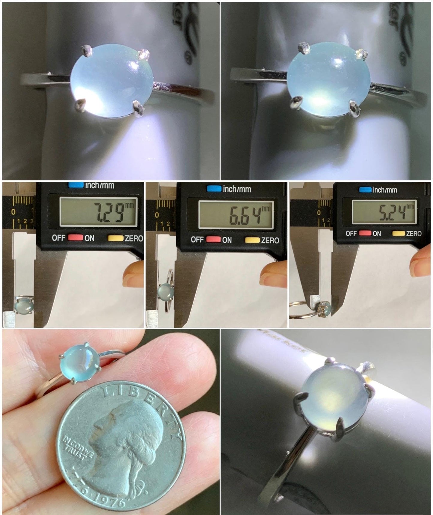 Natural Grade A Guatemalan Icy Highly Translucent Light Blue Jade Jadeite Solitaire Ring Sterling Silver Size Adjustable 天然高冰危蓝翡翠银镶戒指 GBL88