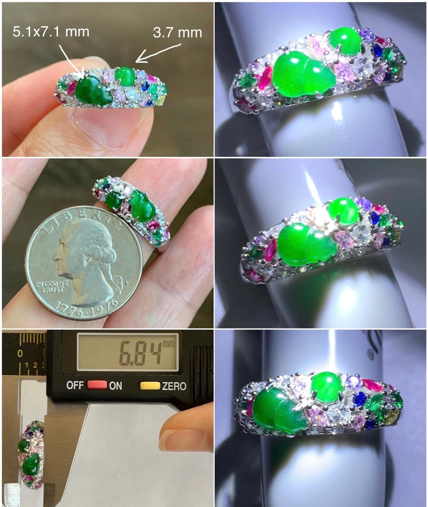 Natural Grade A Guatemalan Icy Translucent Vibrant Green Jade Jadeite Band Ring Sterling Silver Size 7 Adjustable 天然冰危绿翡翠花开富贵银镶戒指 HKFL98