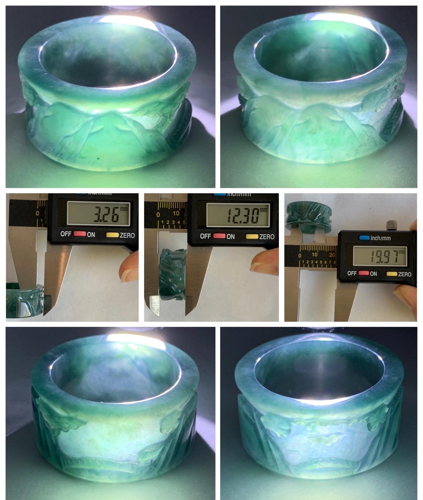 Natural Grade A Guatemalan Icy Highly Translucent Dark Teal Blue Teal Green Jade Jadeite Engraved Band Ring Size 10 US 8g 天然冰危深蓝翡翠山水戒圈 SHBZA