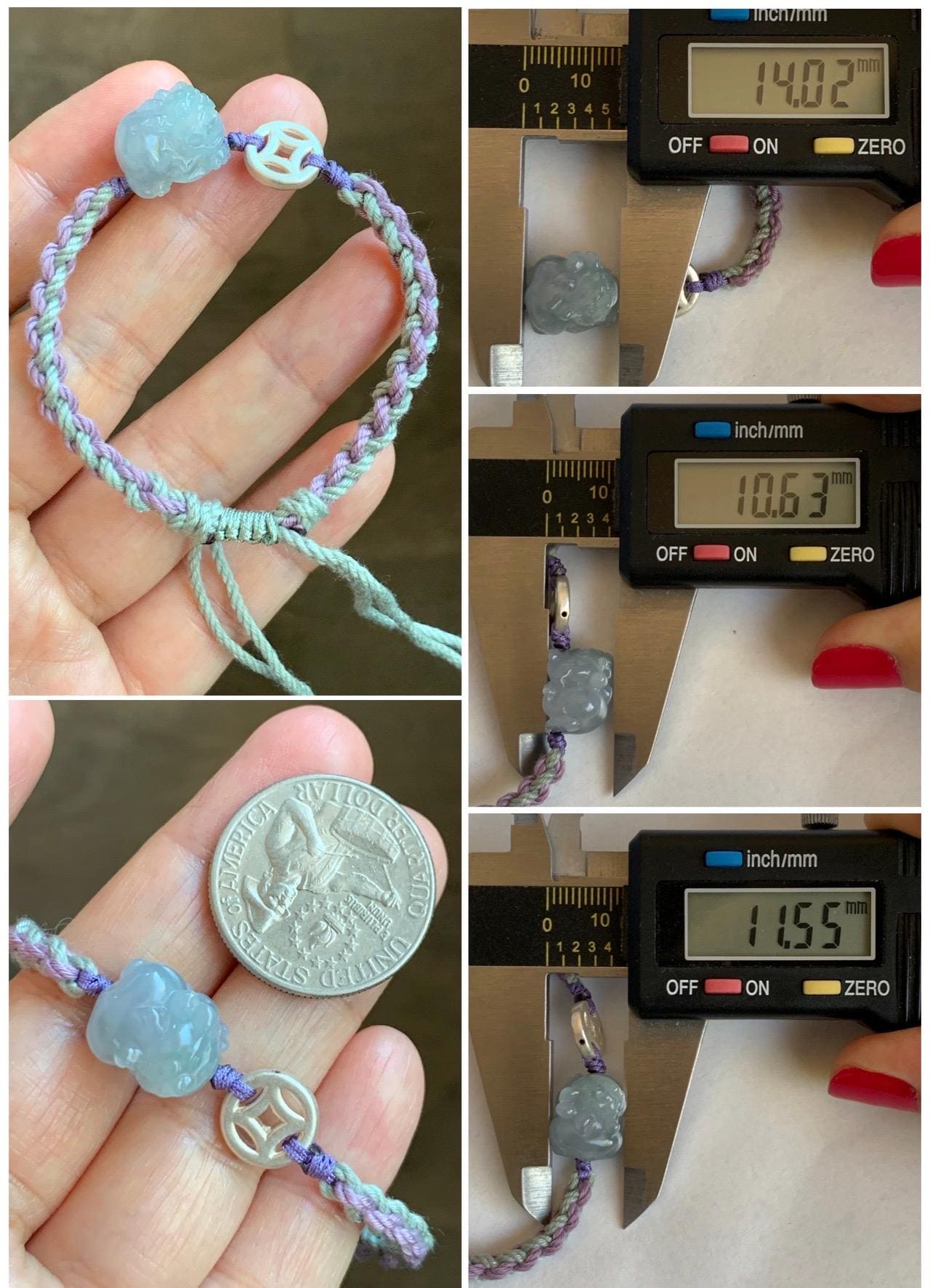 Natural Grade A Icy Translucent Gelatinous Pastel Purplish Blue Jade Jadeite Pixiu Rope Bracelet Sterling Silver 6g 天然冰胶淡紫翡翠貔貅含珠手绳 MZP275