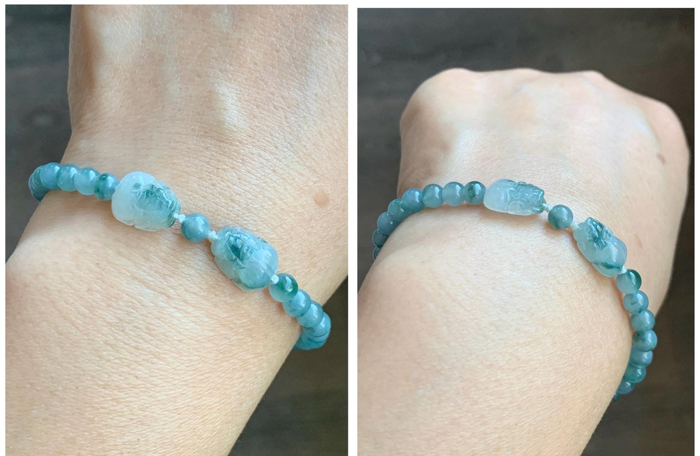 Natural Grade A Icy Highly Translucent Green Marbled Jade Jadeite Double Pixiu Beaded Bracelet 7” Sterling Silver 天然冰胶飘花翡翠双貔貅护主圆珠手串 SPP203