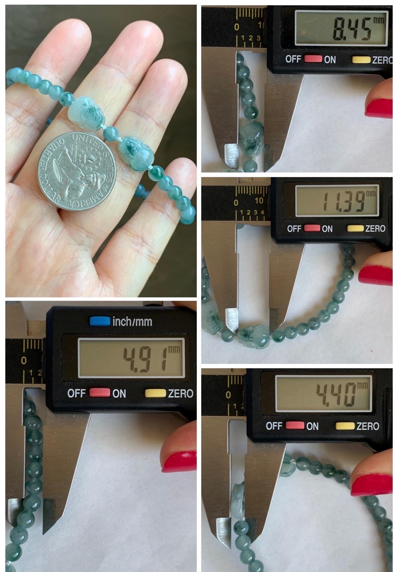 Natural Grade A Icy Highly Translucent Green Marbled Jade Jadeite Double Pixiu Beaded Bracelet 7” Sterling Silver 天然冰胶飘花翡翠双貔貅护主圆珠手串 SPP203