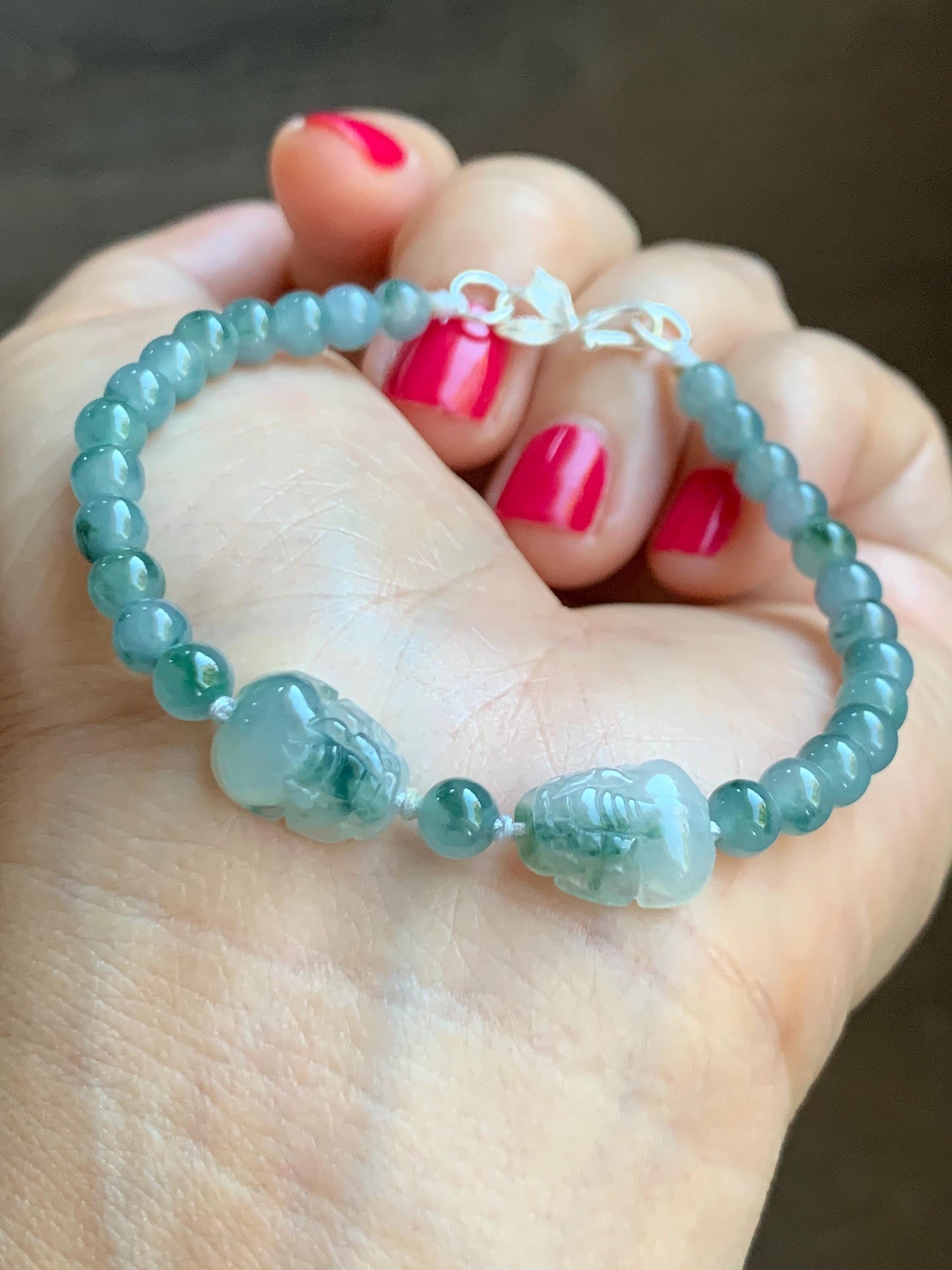 Natural Grade A Icy Highly Translucent Green Marbled Jade Jadeite Double Pixiu Beaded Bracelet 7” Sterling Silver 天然冰胶飘花翡翠双貔貅护主圆珠手串 SPP203