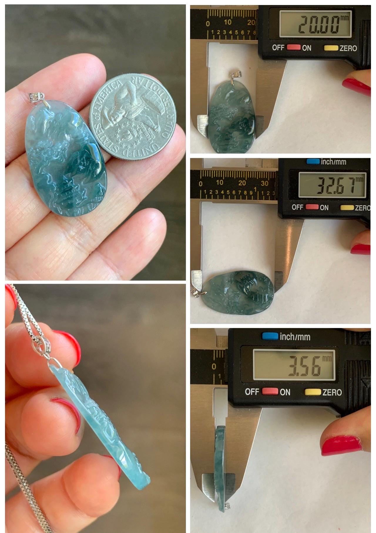 PETITE Natural Grade A Guatemalan Dark Teal Jade Jadeite Carved Shan Shui Pai Landscape Tag Pendant Sterling Silver 5g 天然冰危深蓝翡翠小山水牌吊坠 XWSS-B