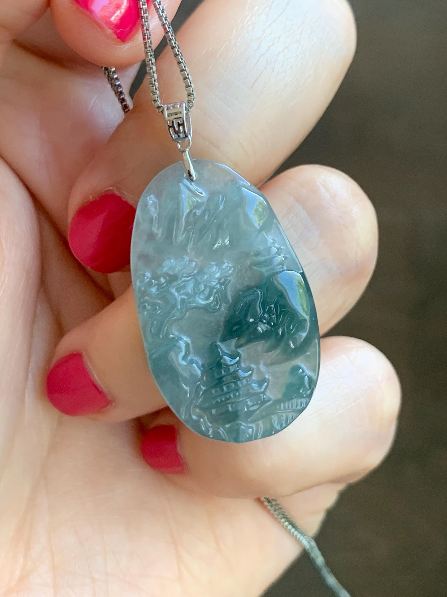 PETITE Natural Grade A Guatemalan Dark Teal Jade Jadeite Carved Shan Shui Pai Landscape Tag Pendant Sterling Silver 5g 天然冰危深蓝翡翠小山水牌吊坠 XWSS-B