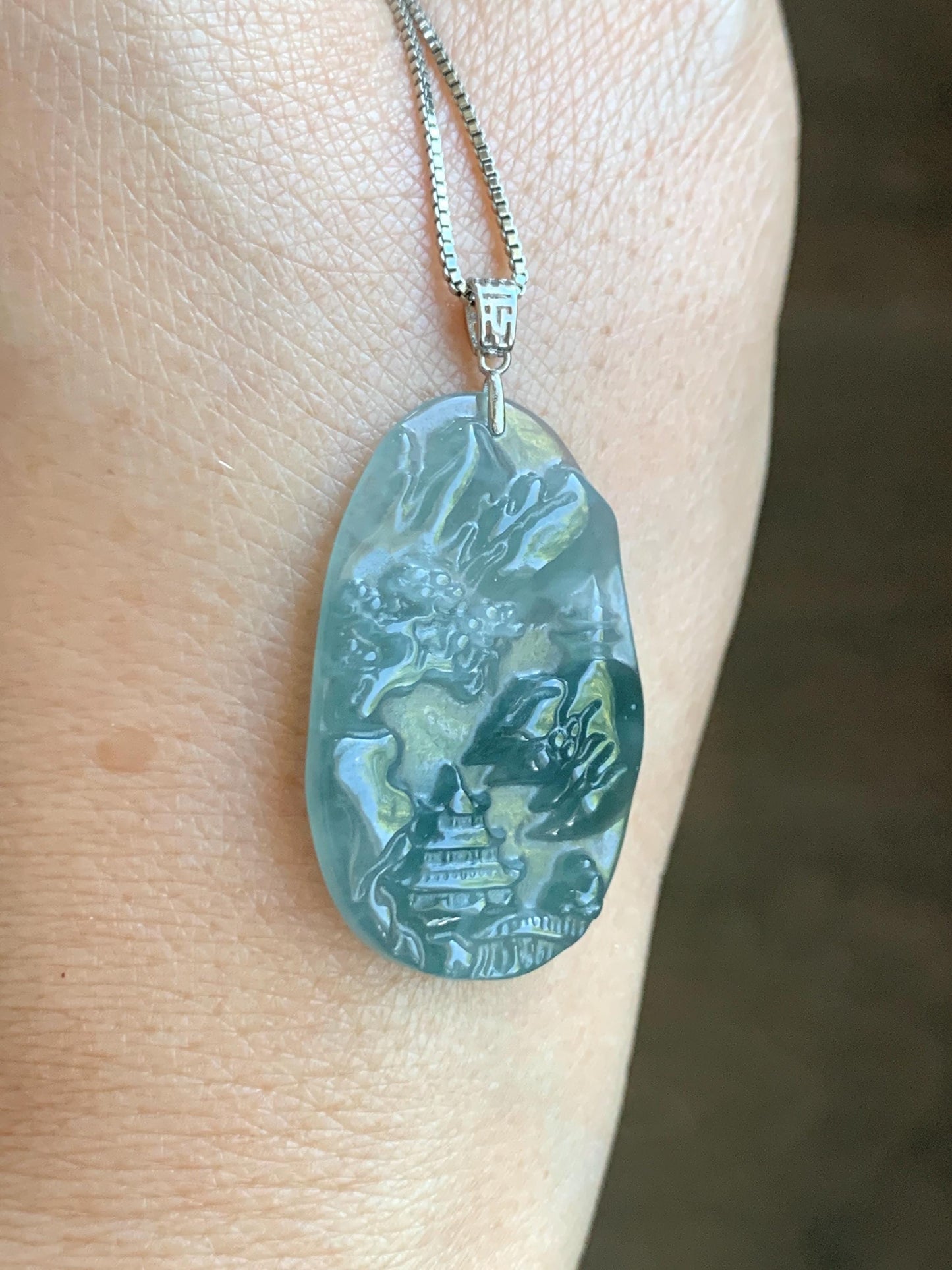 PETITE Natural Grade A Guatemalan Dark Teal Jade Jadeite Carved Shan Shui Pai Landscape Tag Pendant Sterling Silver 5g 天然冰危深蓝翡翠小山水牌吊坠 XWSS-B