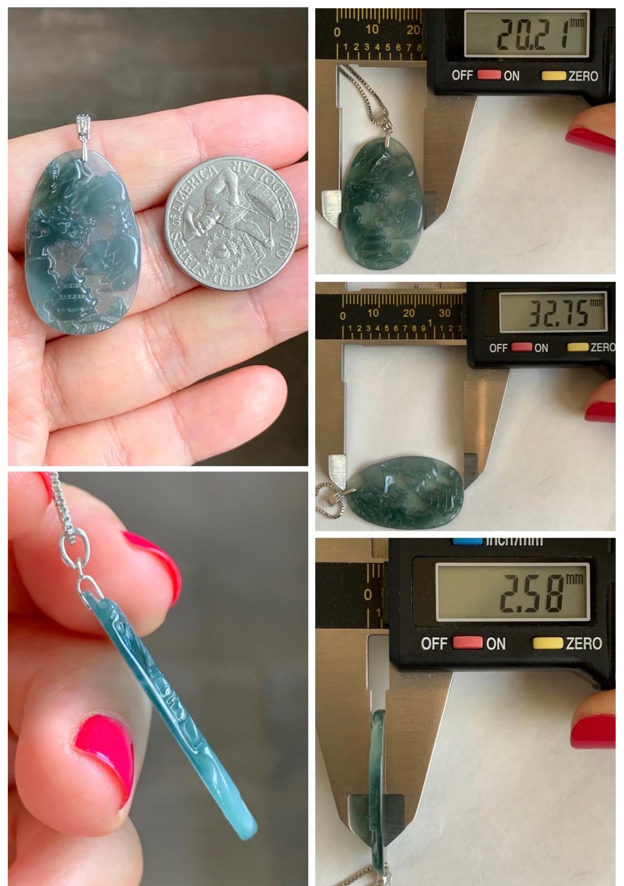 PETITE Natural Grade A Guatemalan Dark Teal Jade Jadeite Carved Shan Shui Pai Landscape Tag Pendant Sterling Silver 4g 天然冰危深蓝翡翠小山水牌吊坠 XWSS-A
