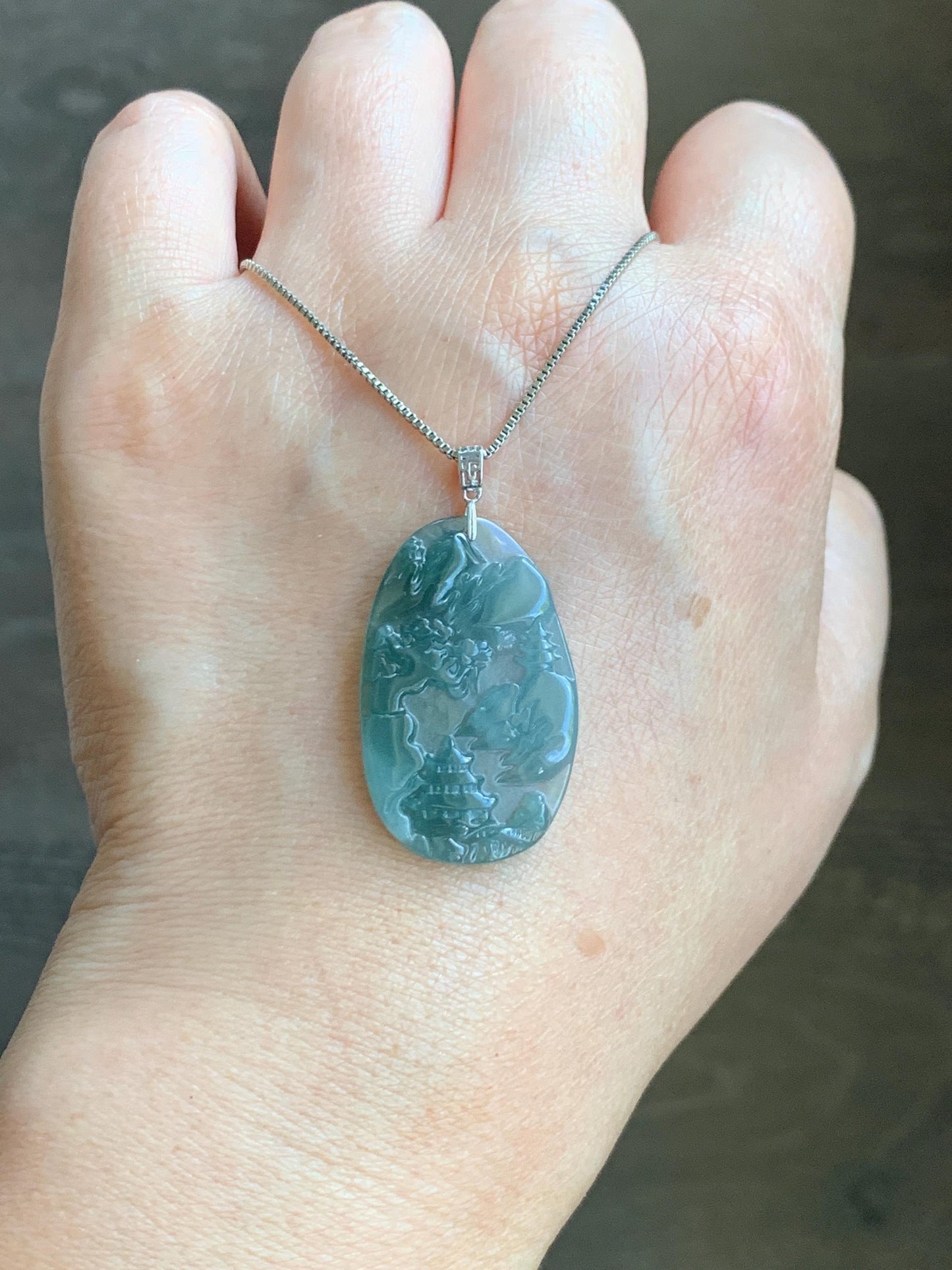 PETITE Natural Grade A Guatemalan Dark Teal Jade Jadeite Carved Shan Shui Pai Landscape Tag Pendant Sterling Silver 4g 天然冰危深蓝翡翠小山水牌吊坠 XWSS-A