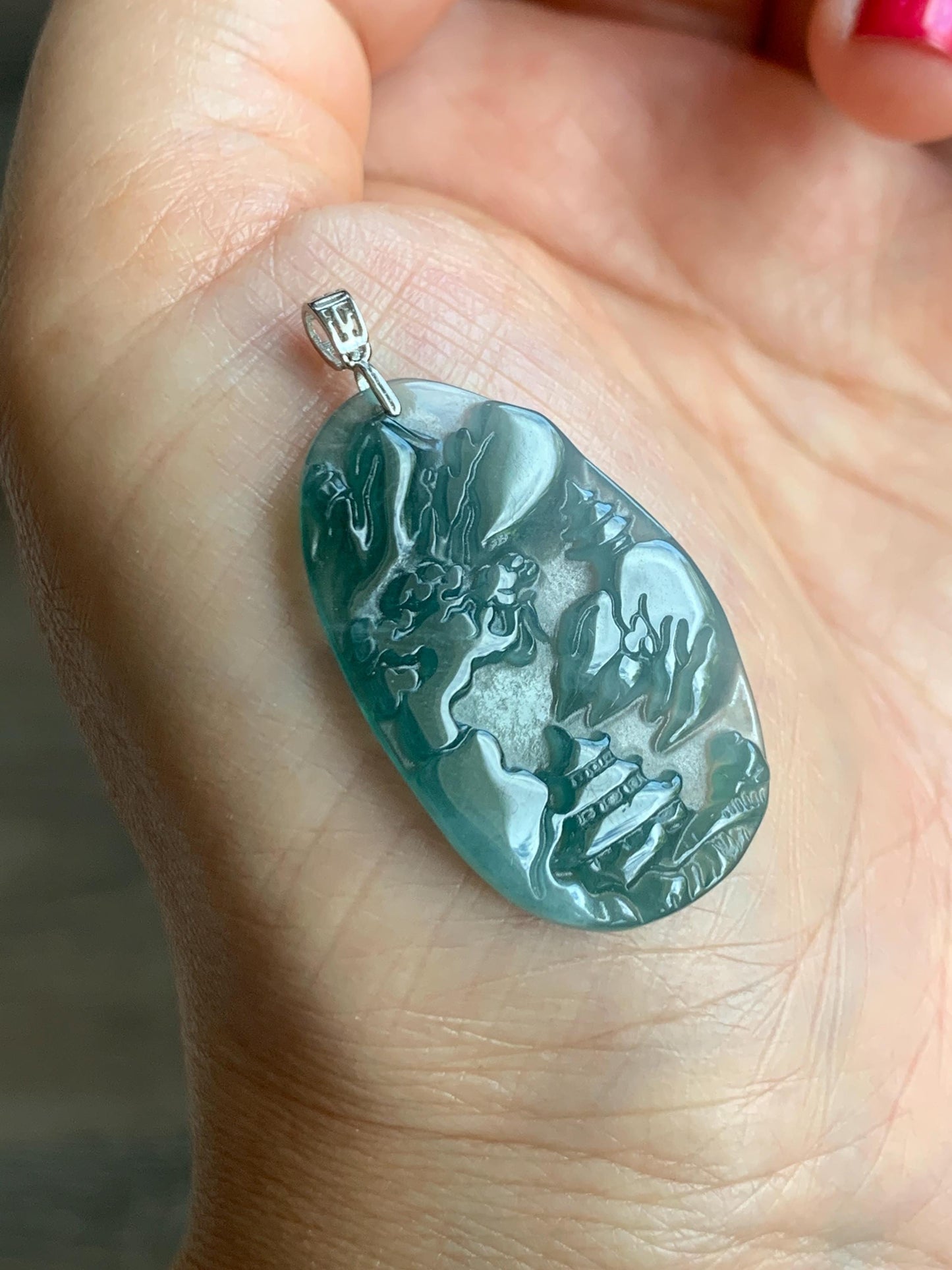 PETITE Natural Grade A Guatemalan Dark Teal Jade Jadeite Carved Shan Shui Pai Landscape Tag Pendant Sterling Silver 4g 天然冰危深蓝翡翠小山水牌吊坠 XWSS-A