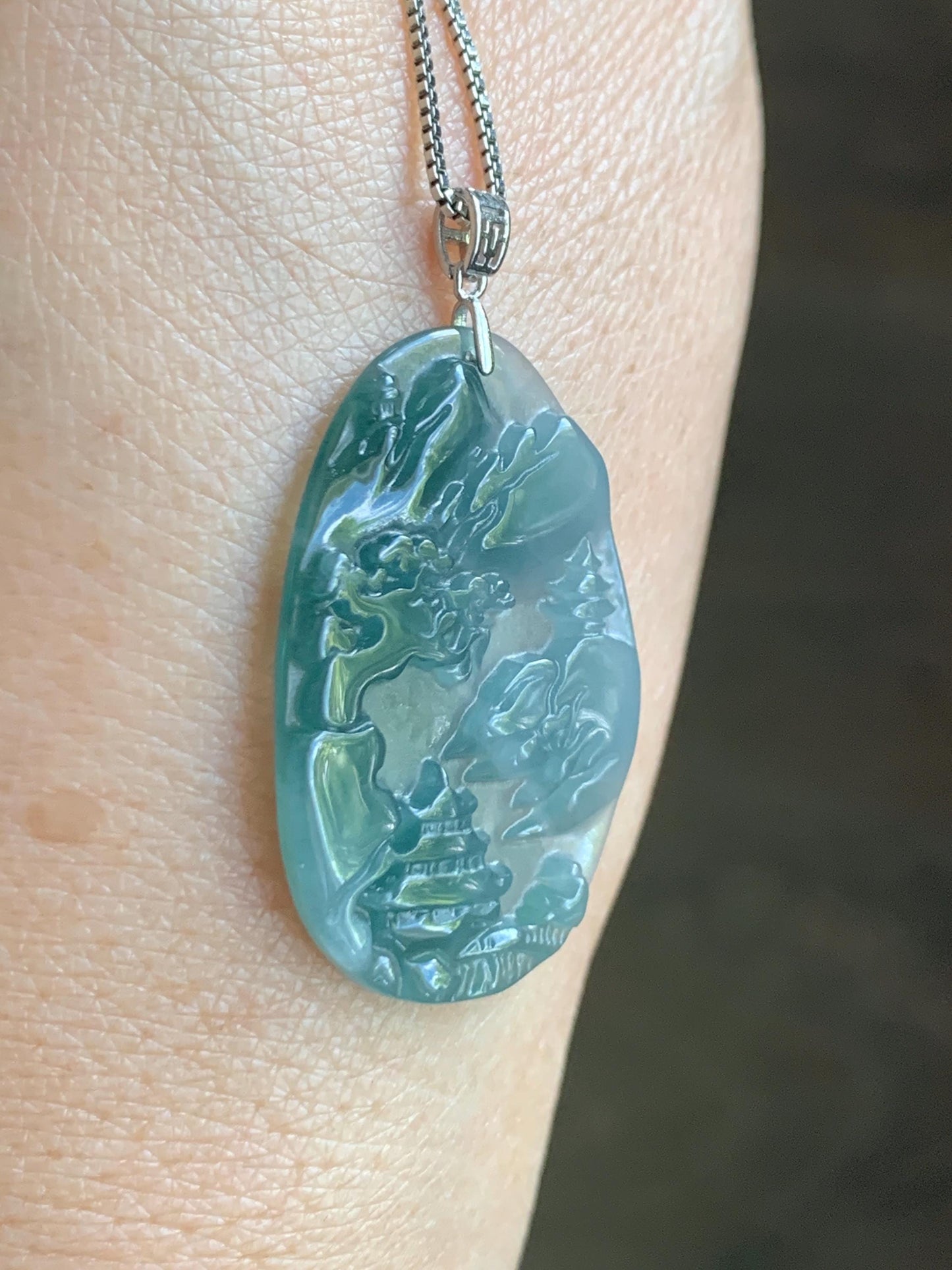PETITE Natural Grade A Guatemalan Dark Teal Jade Jadeite Carved Shan Shui Pai Landscape Tag Pendant Sterling Silver 4g 天然冰危深蓝翡翠小山水牌吊坠 XWSS-A