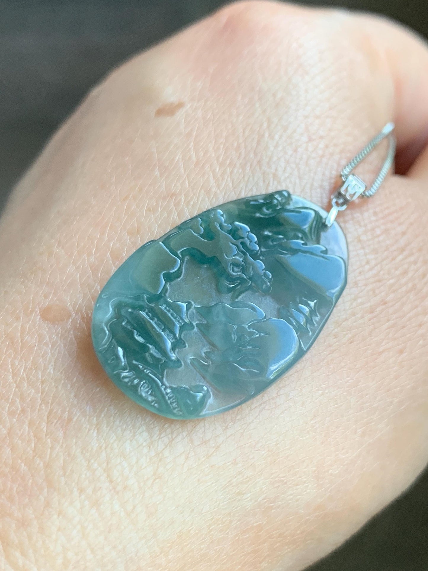 PETITE Natural Grade A Guatemalan Dark Teal Jade Jadeite Carved Shan Shui Pai Landscape Tag Pendant Sterling Silver 4g 天然冰危深蓝翡翠小山水牌吊坠 XWSS-A