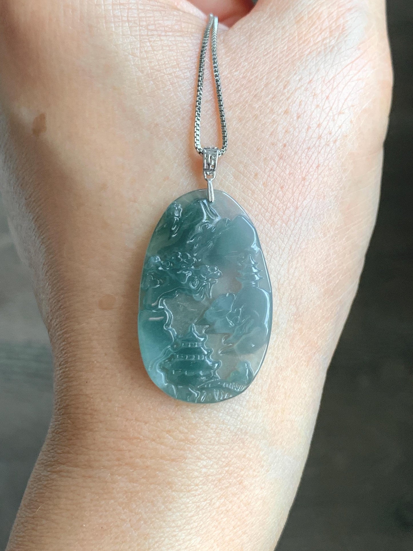 PETITE Natural Grade A Guatemalan Dark Teal Jade Jadeite Carved Shan Shui Pai Landscape Tag Pendant Sterling Silver 4g 天然冰危深蓝翡翠小山水牌吊坠 XWSS-A