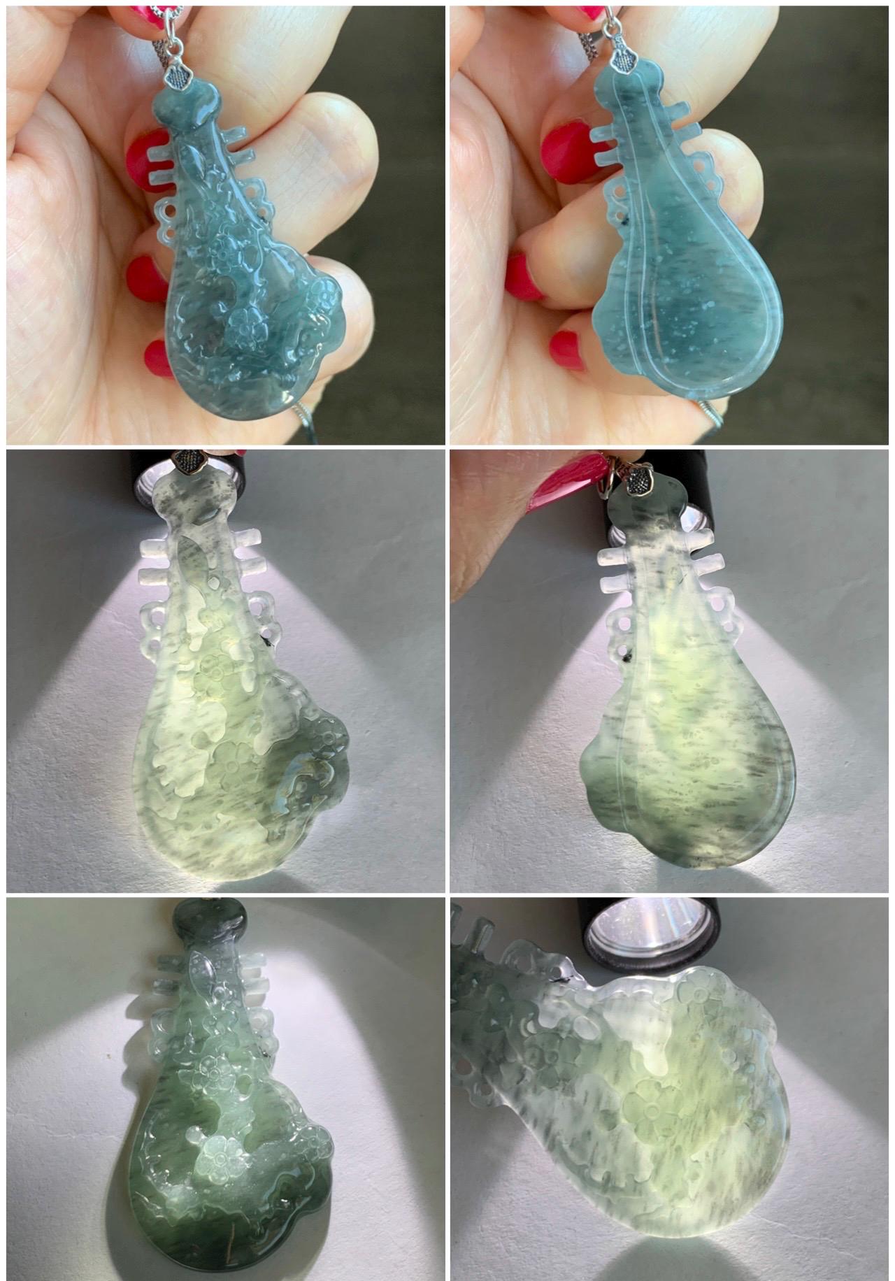 Natural Grade A Guatemalan Icy Translucent Wuji Jade Jadeite Lute Pipa & Cherry Blossom Pendant Sterling Silver 9g 天然冰危乌鸡翡翠知音梅花枝吊坠 WWU138