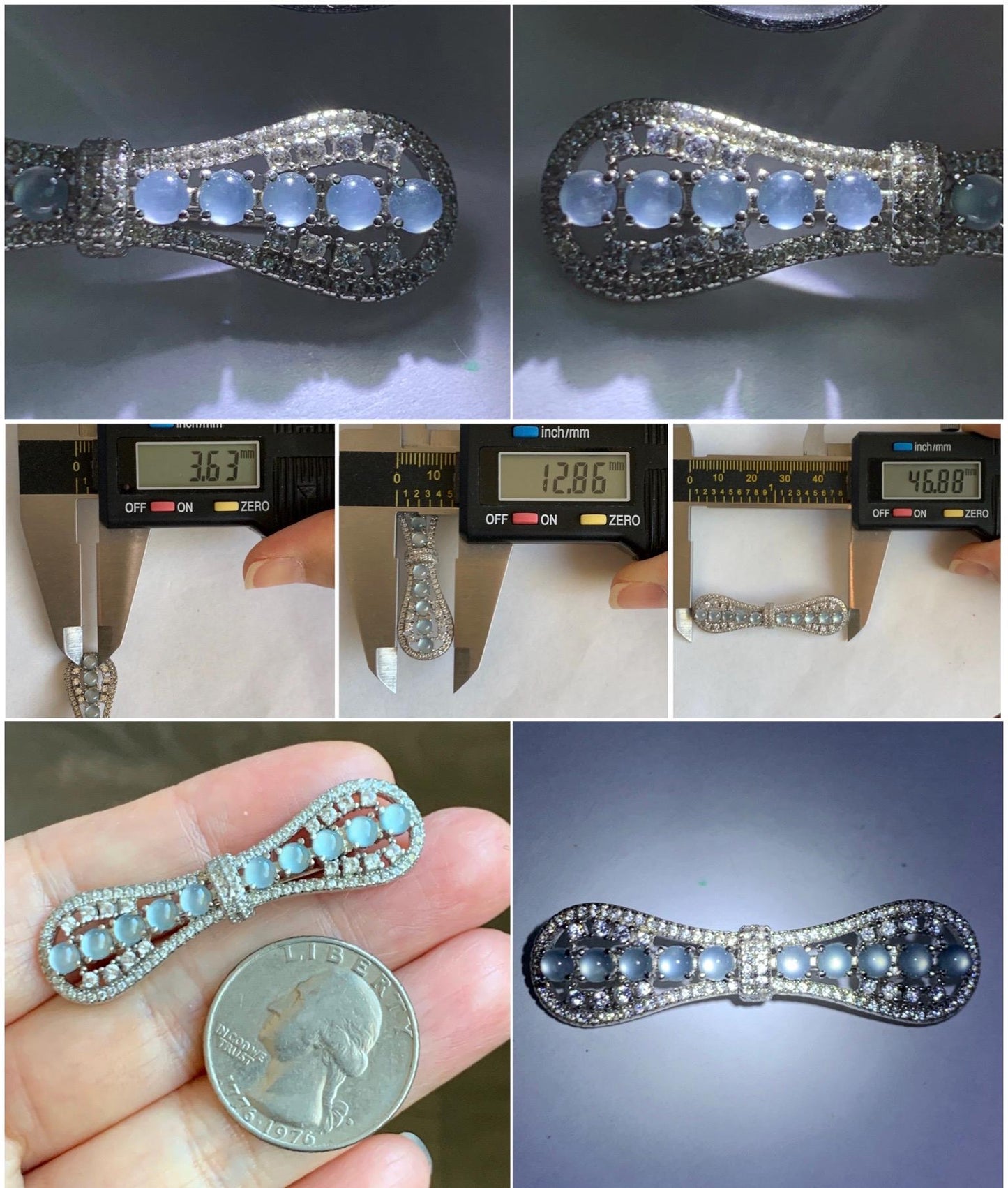 Natural Grade A Guatemalan Icy Highly Translucent Pastel Blue Jade Jadeite Bow Brooch S925 Sterling Silver 6g 天然冰危淡蓝起光翡翠银镶蝴蝶结胸针 HDJ130