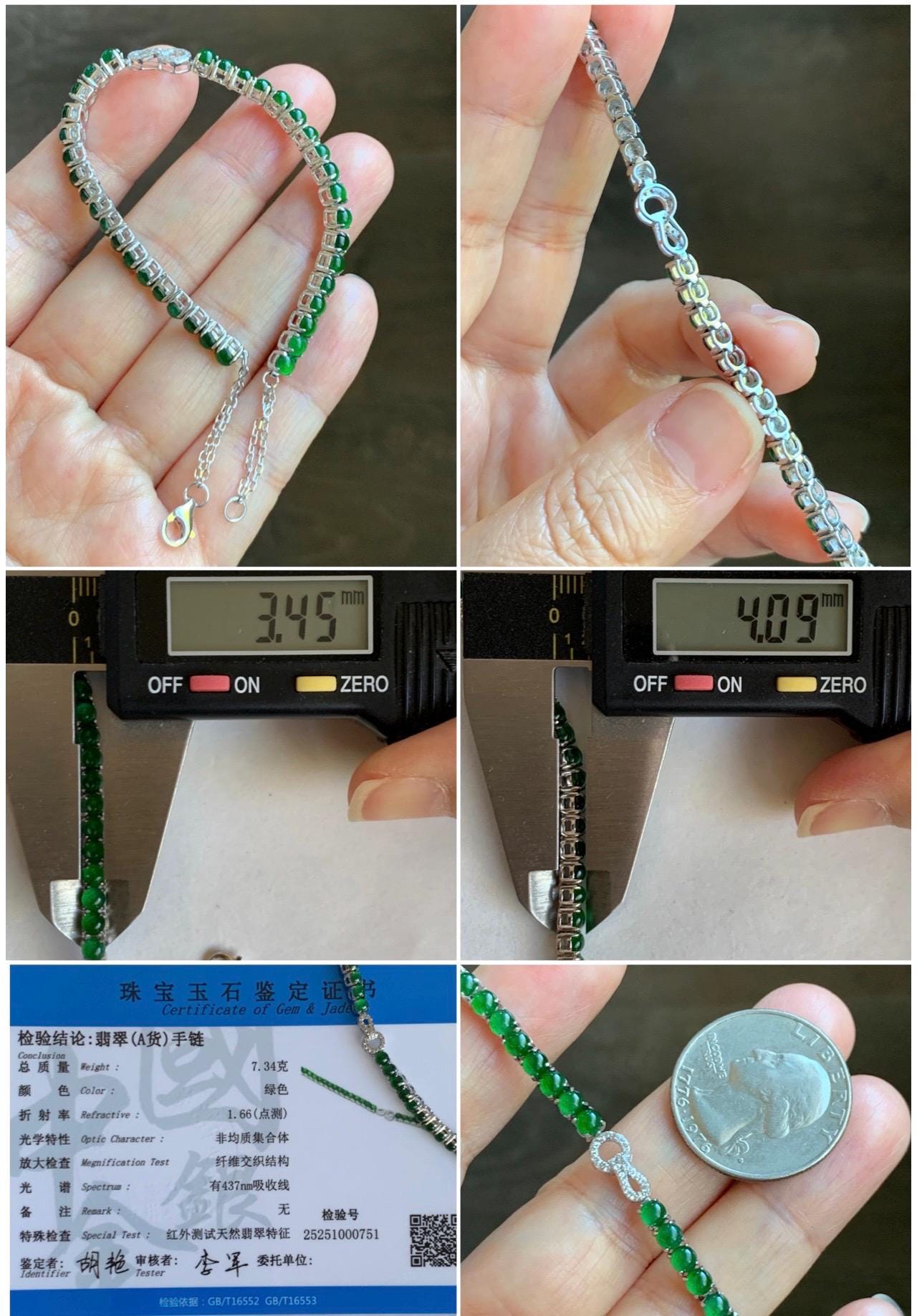 Certified Natural Grade A Guatemalan Icy Vibrant Green Jade Jadeite Tennis Bracelet Sterling Silver 6.75” or 7.5” 7.34g 天然冰危绿翡翠银镶手链 0751