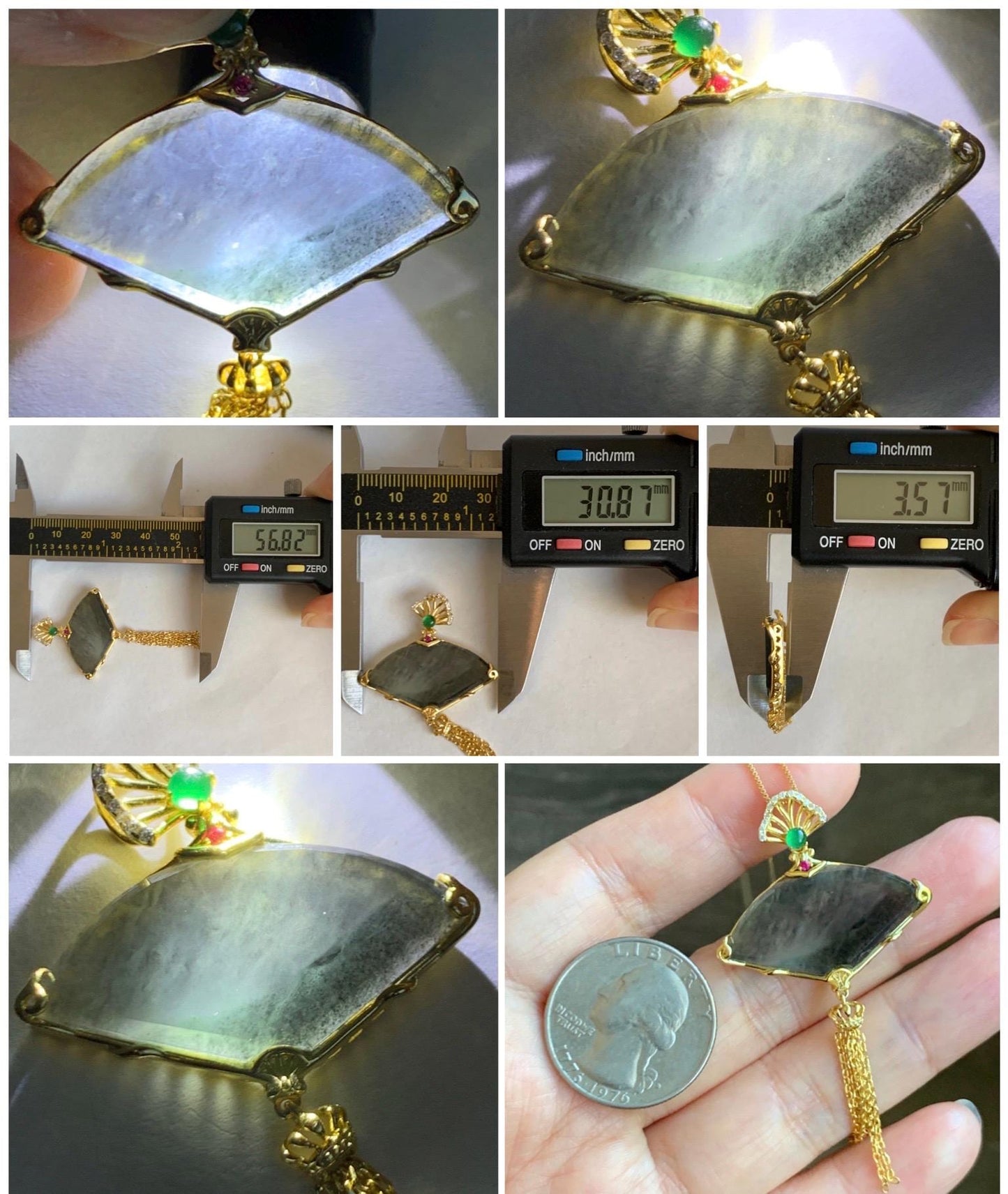 Natural Grade A Guatemalan Icy Highly Translucent Wuji Jadeite Wu Shi Pai Fan Pendant Sterling Silver 4g 天然冰胶危乌鸡翡翠无事牌镶嵌扇子吊坠 WJS150