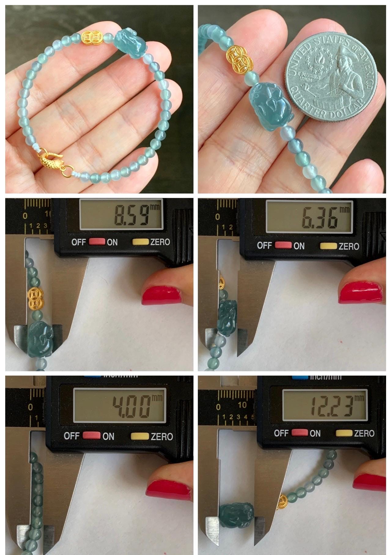 Natural Grade A Guatemalan Icy Highly Translucent Teal Blue Jade Jadeite Pixiu Beaded Bracelet 6.5” Sterling Silver 6g 天然高冰危蓝翡翠貔貅圆珠手串 GBW454