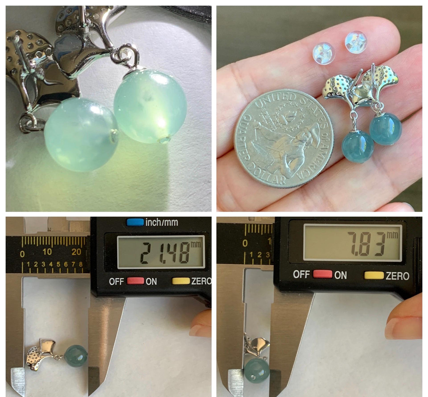 Natural Grade A Guatemalan Icy Highly Translucent Light Teal Blue Jade Jadeite Beads Dangle Earrings Sterling Silver 天然冰危浅蓝翡翠圆珠耳钉 BPS77H