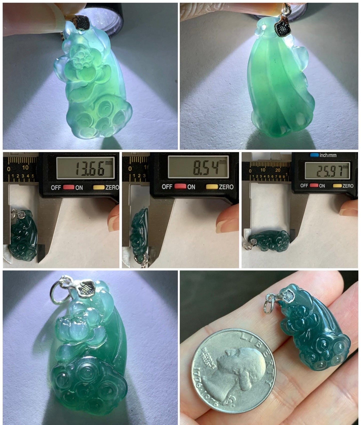 Natural Grade A Guatemalan Icy Translucent Dark Teal Blue Jade Jadeite Lotus Flower Lotus Pod Pendant Sterling Silver 天然冰危深蓝翡翠莲花莲蓬吊坠 WHP280A