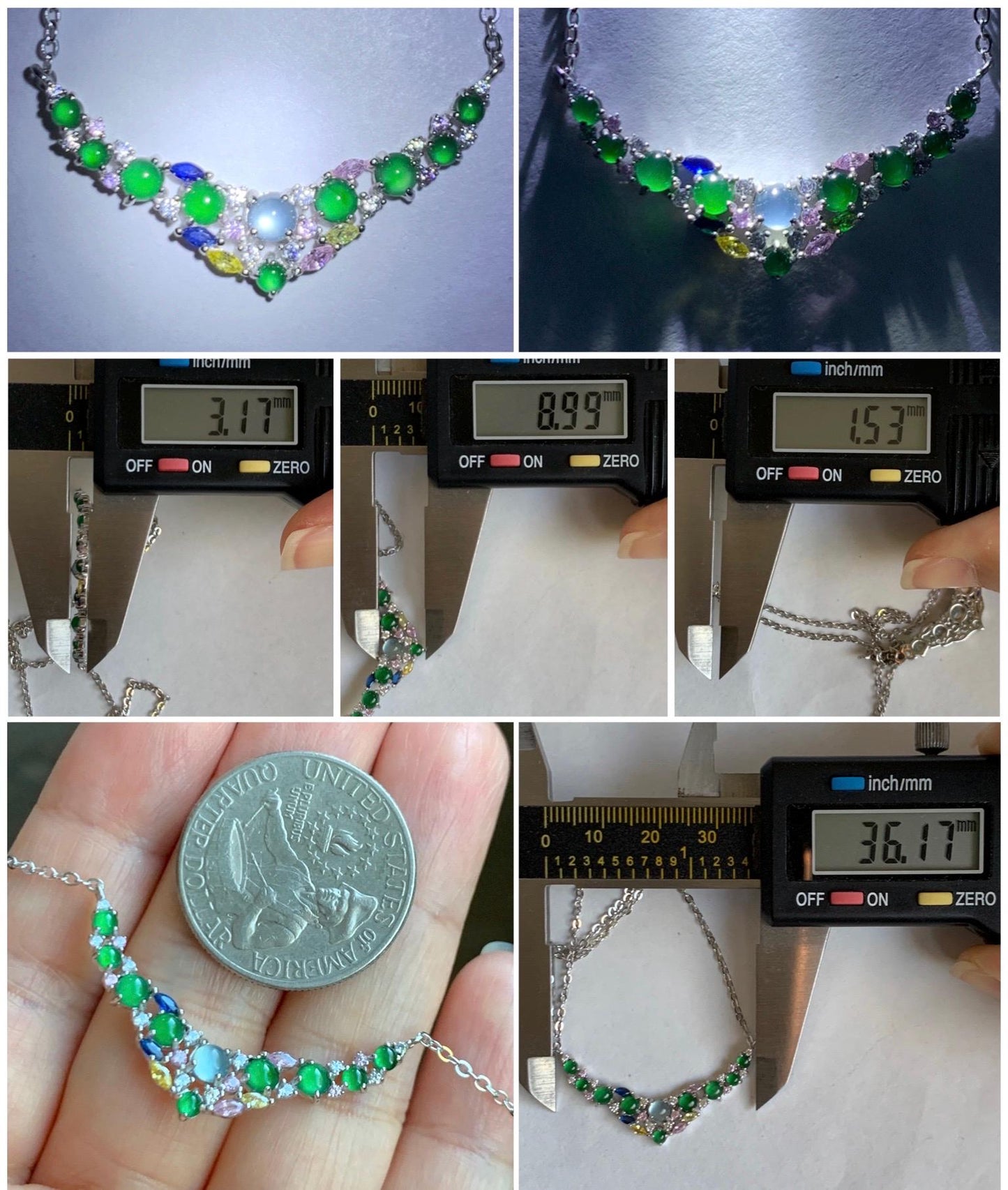 Natural Guatemalan Icy Highly Translucent Vibrant Green Blue Jade Jadeite Pendant Necklace Sterling Silver 16”-18.25” 天然冰危淡蓝危绿翡翠玉横锁骨链 HKF120