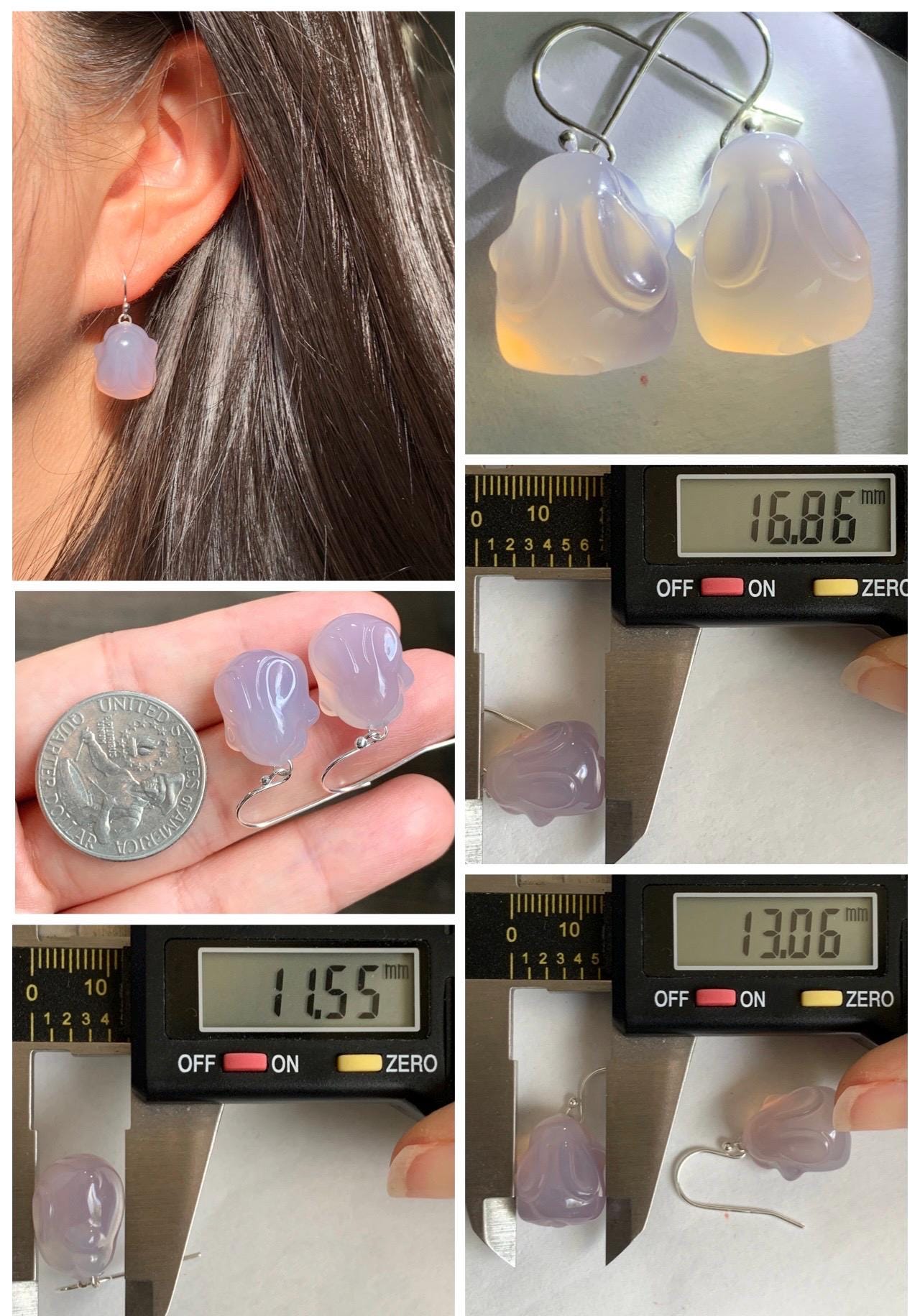 Certified Natural Premium Icy Highly Translucent Pastel Lavender Agate Carved 3D Rabbit Dangle Earrings Sterling Silver 8g 天然高冰品质淡紫玛瑙小兔耳钩