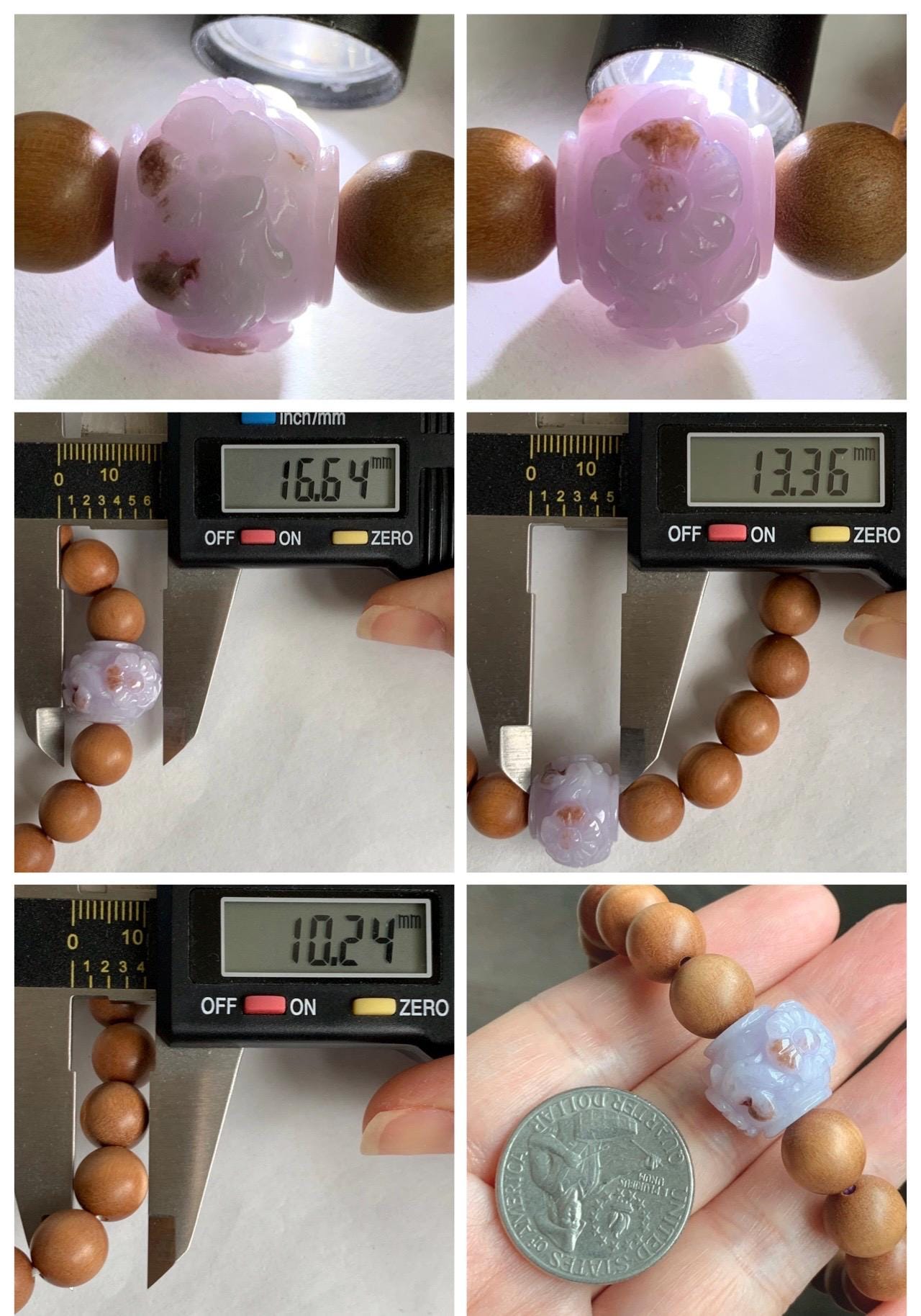 Natural Grade A Icy Translucent Pastel Purple Brown Marbled Jadeite Cherry Blossom Drum Bead Beaded Bracelet 7.25” 天然冰紫飘红翡翠梅花珠木珠手串 MZH195A