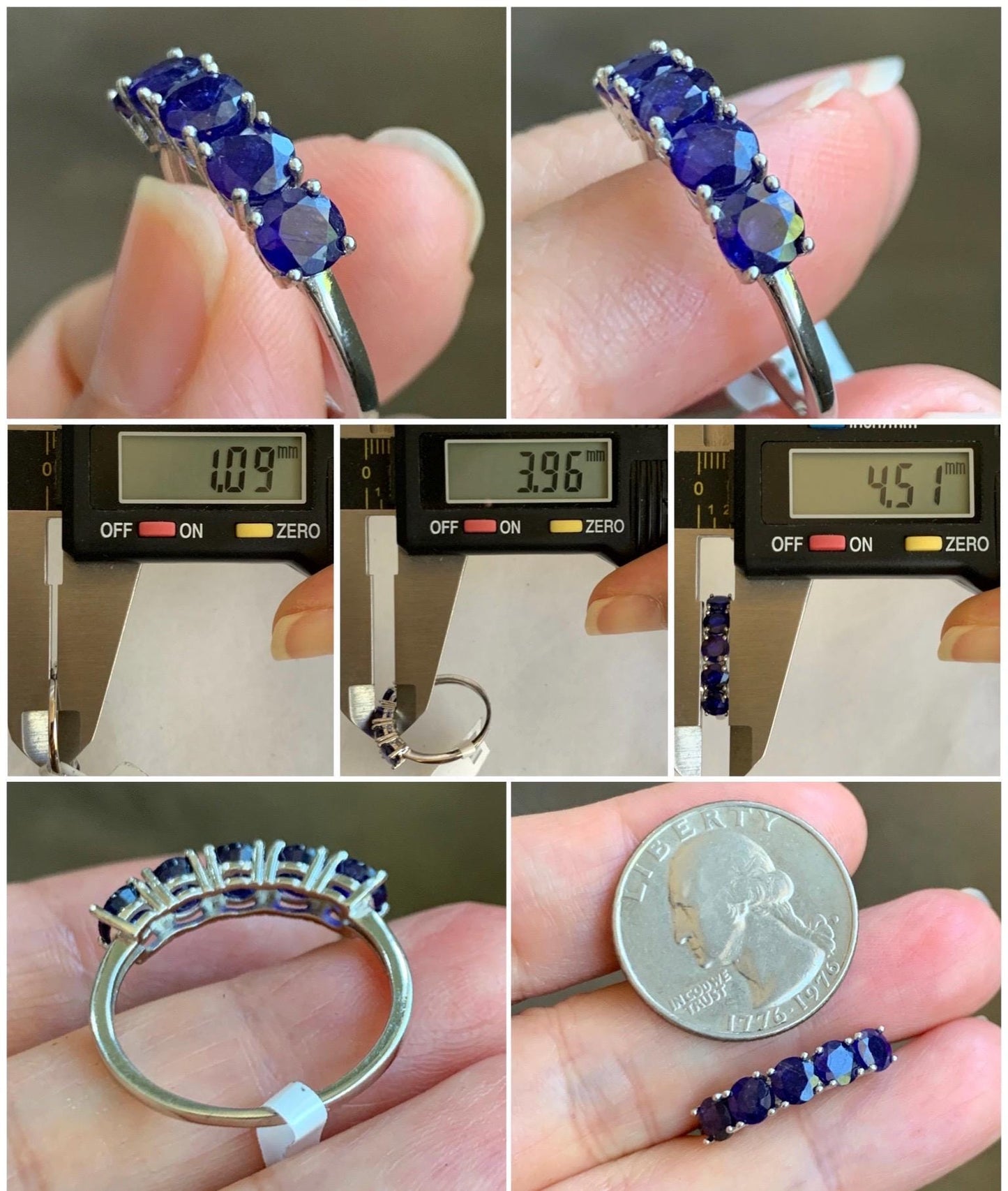 Natural Genuine Dark Blue Sapphire 5-Stone Band Ring Round Brilliant Cut 4.5-4.6mm Sterling Silver Size 8 US 2g c423