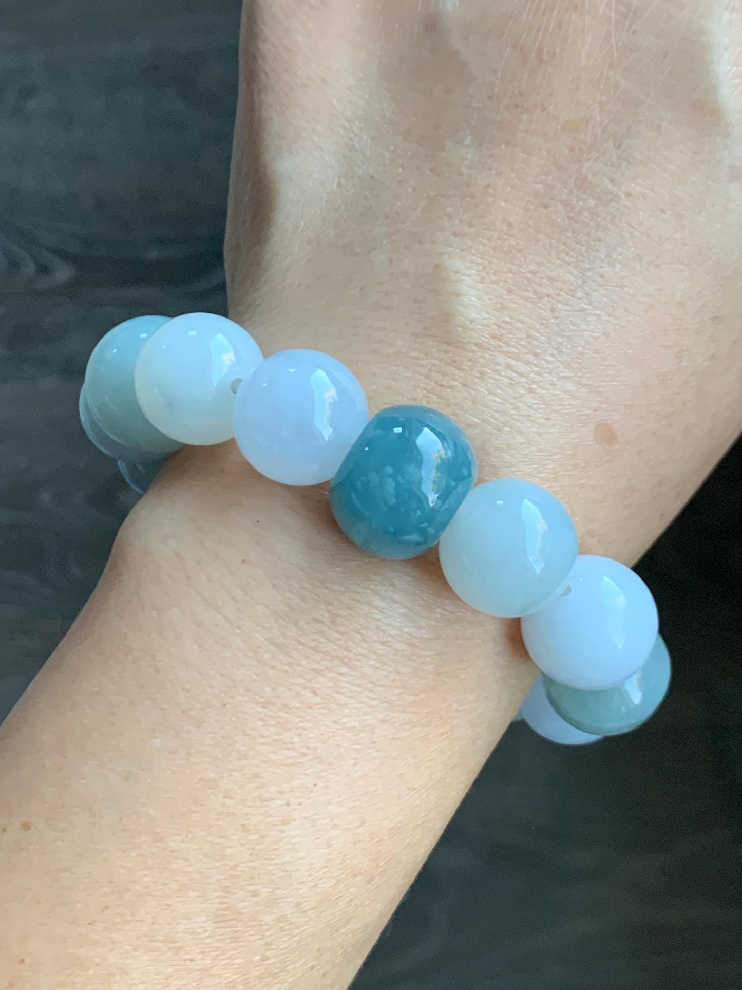 Natural Grade A Icy Translucent Gelatinous Multicolored Jade Jadeite Large Beads Beaded Bracelet 7" 86g 天然冰胶多宝翡翠大卡圆珠鼓珠手串 MDB740