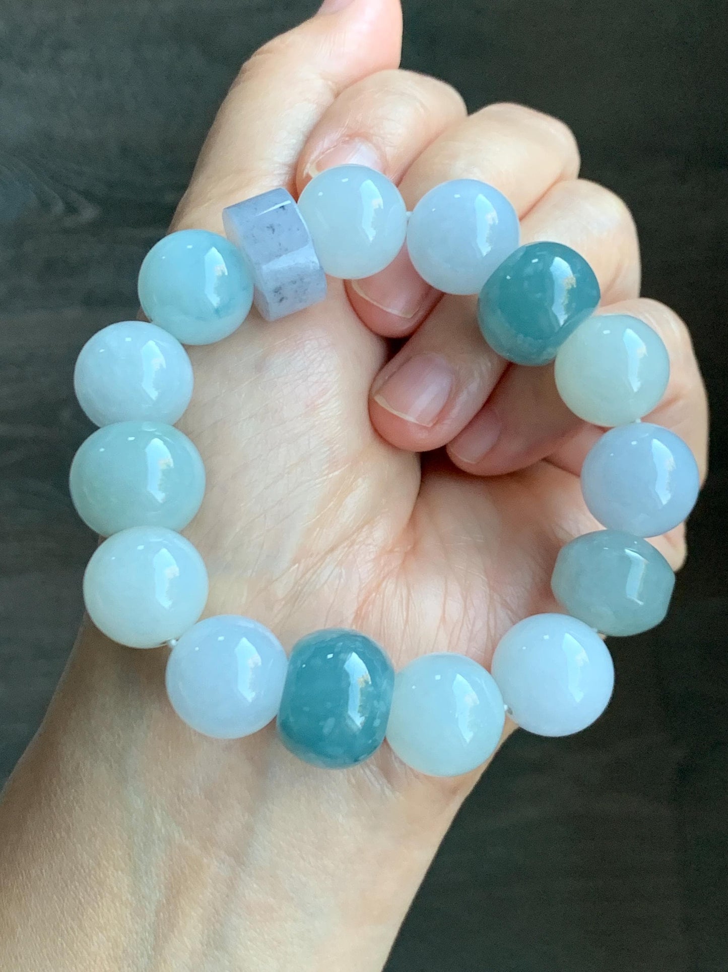 Natural Grade A Icy Translucent Gelatinous Multicolored Jade Jadeite Large Beads Beaded Bracelet 7" 86g 天然冰胶多宝翡翠大卡圆珠鼓珠手串 MDB740