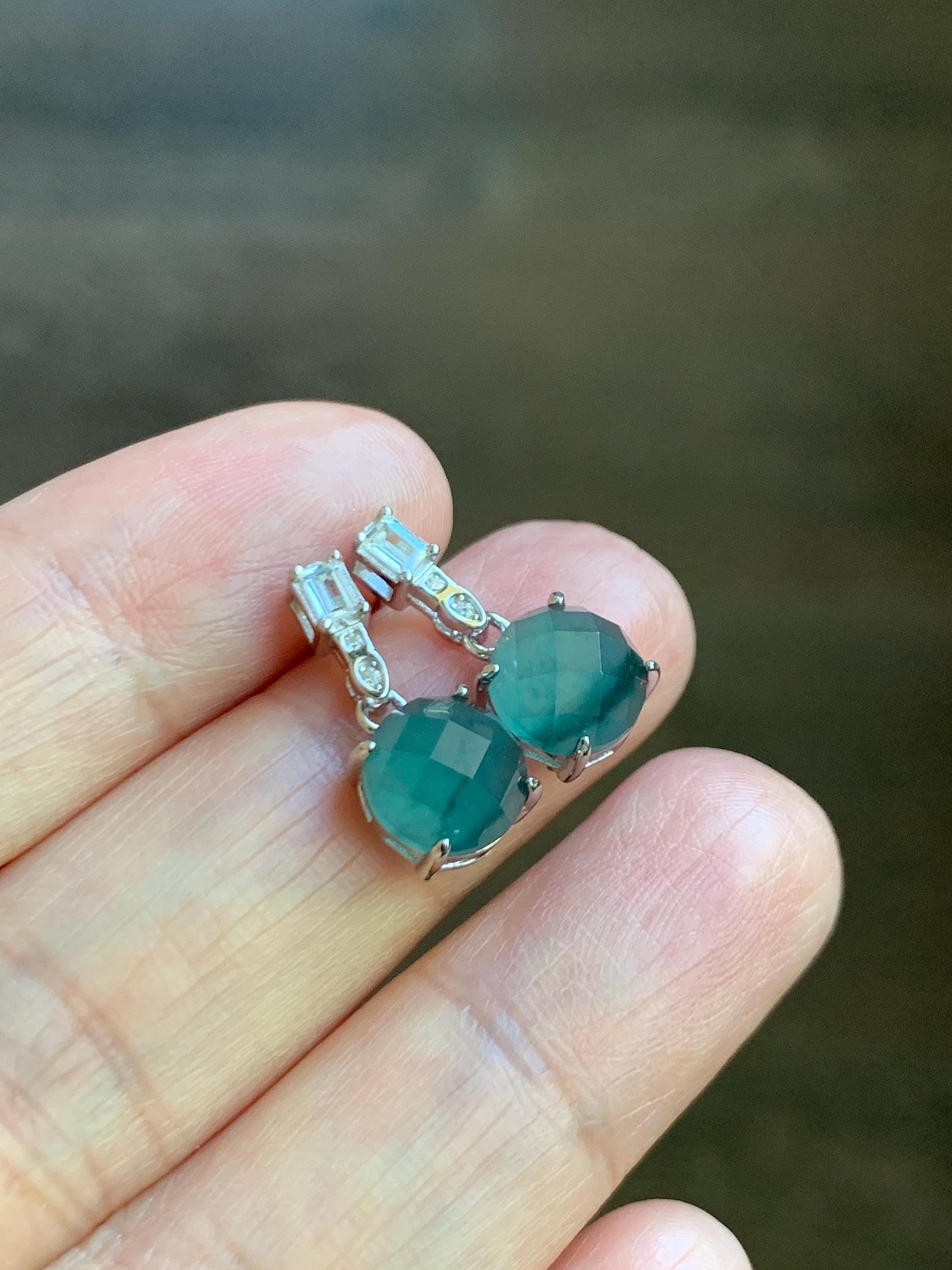 Natural Grade A Guatemalan Icy Translucent Dark Teal Blue Jadeite Faceted Round Dangle Stud Earrings Sterling Silver 天然冰危深蓝绿翡翠切割面银镶耳钉 LQG77A